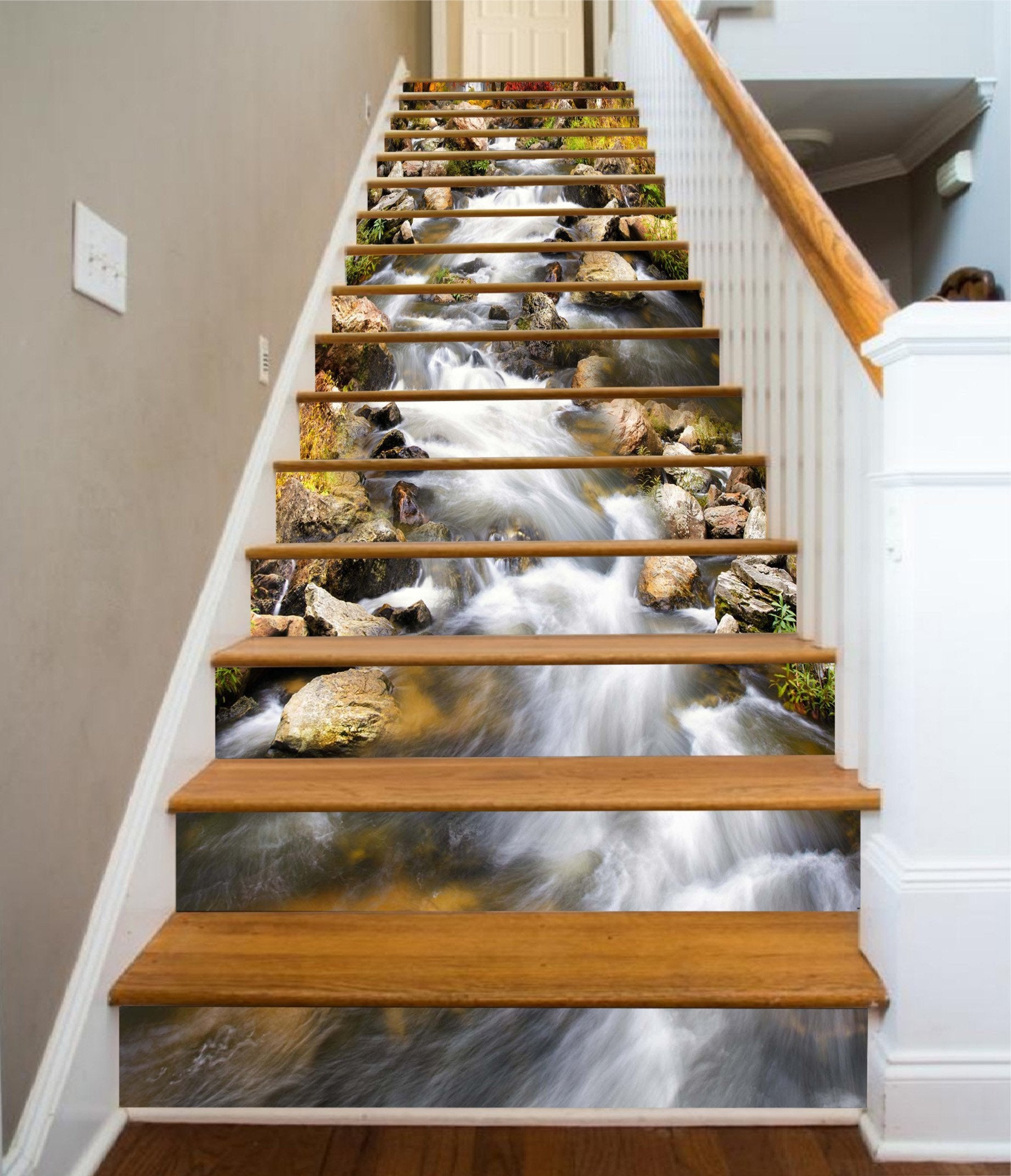 3D Flowing Creek Stones 1358 Stair Risers Wallpaper AJ Wallpaper