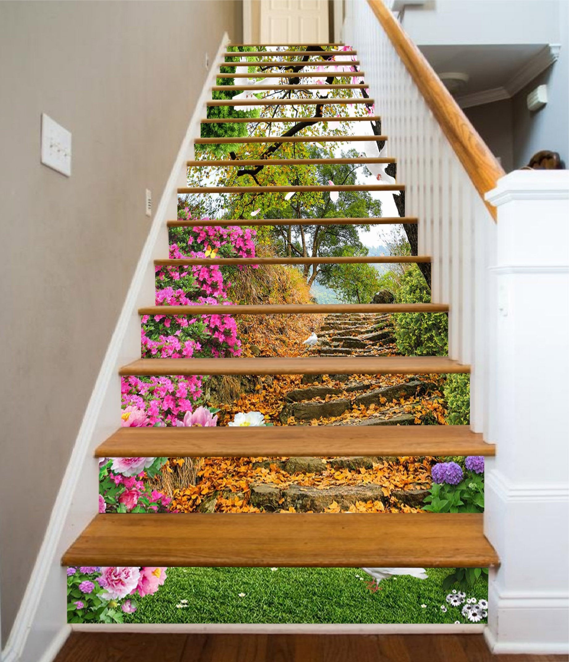 3D Stairway Flowers Birds 1600 Stair Risers Wallpaper AJ Wallpaper