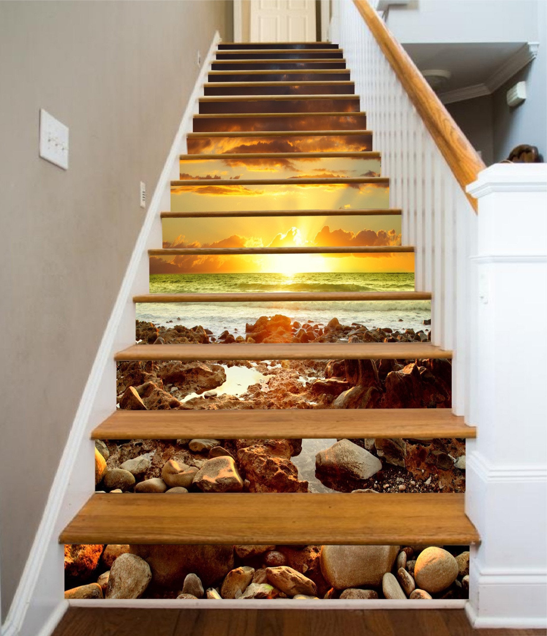 3D Stones Beach Bright Sunset 1464 Stair Risers Wallpaper AJ Wallpaper