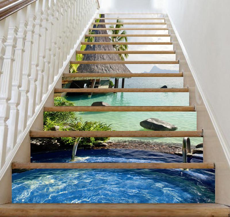 3D Seaside Pool 203 Stair Risers Wallpaper AJ Wallpaper