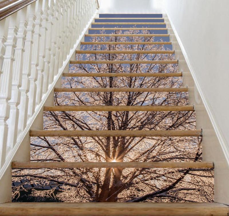 3D Silver Tree Bright Sun 28 Stair Risers Wallpaper AJ Wallpaper