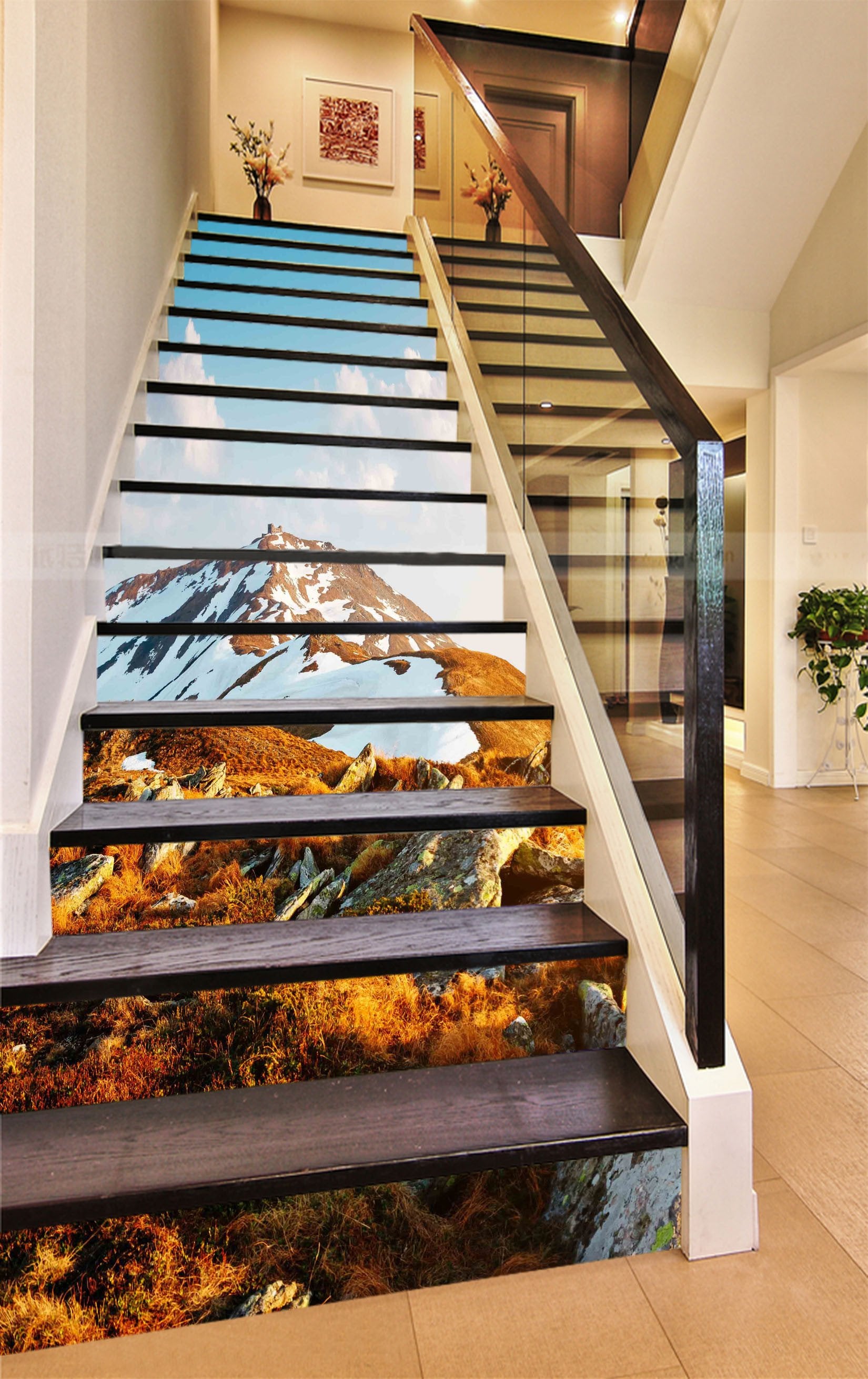 3D Snow Mountain Weeds 888 Stair Risers Wallpaper AJ Wallpaper