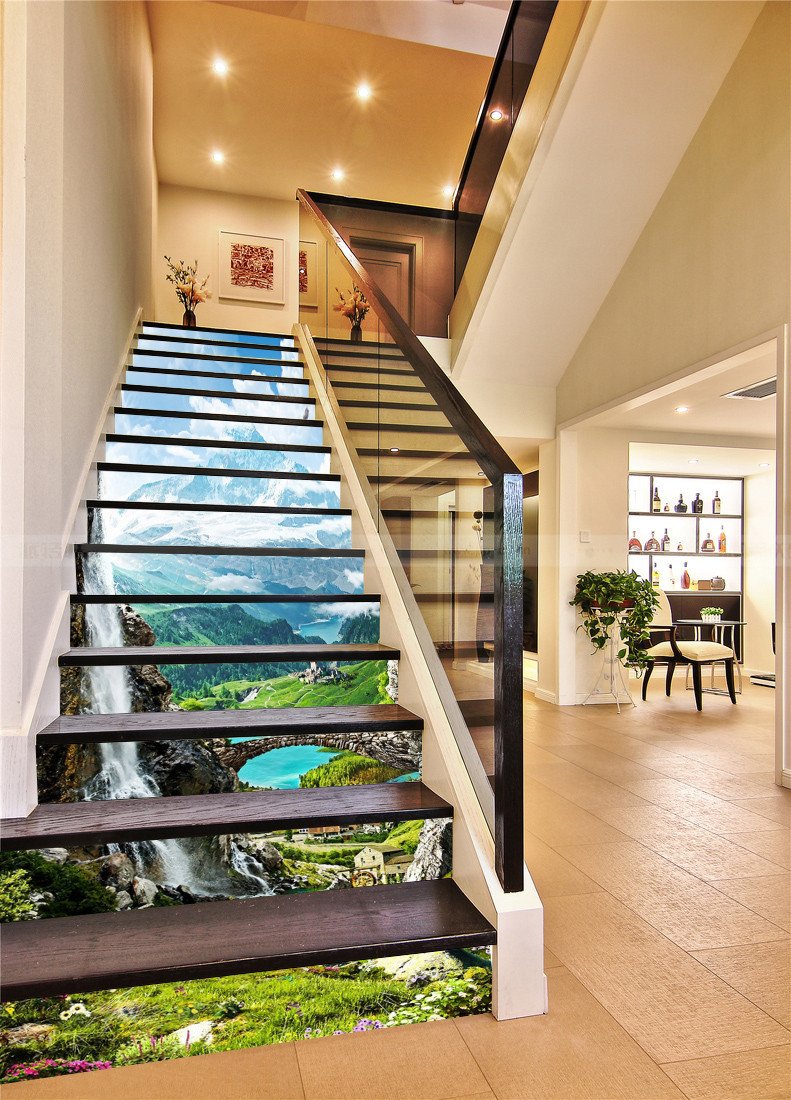 3D Mountains Village Scenery 585 Stair Risers Wallpaper AJ Wallpaper