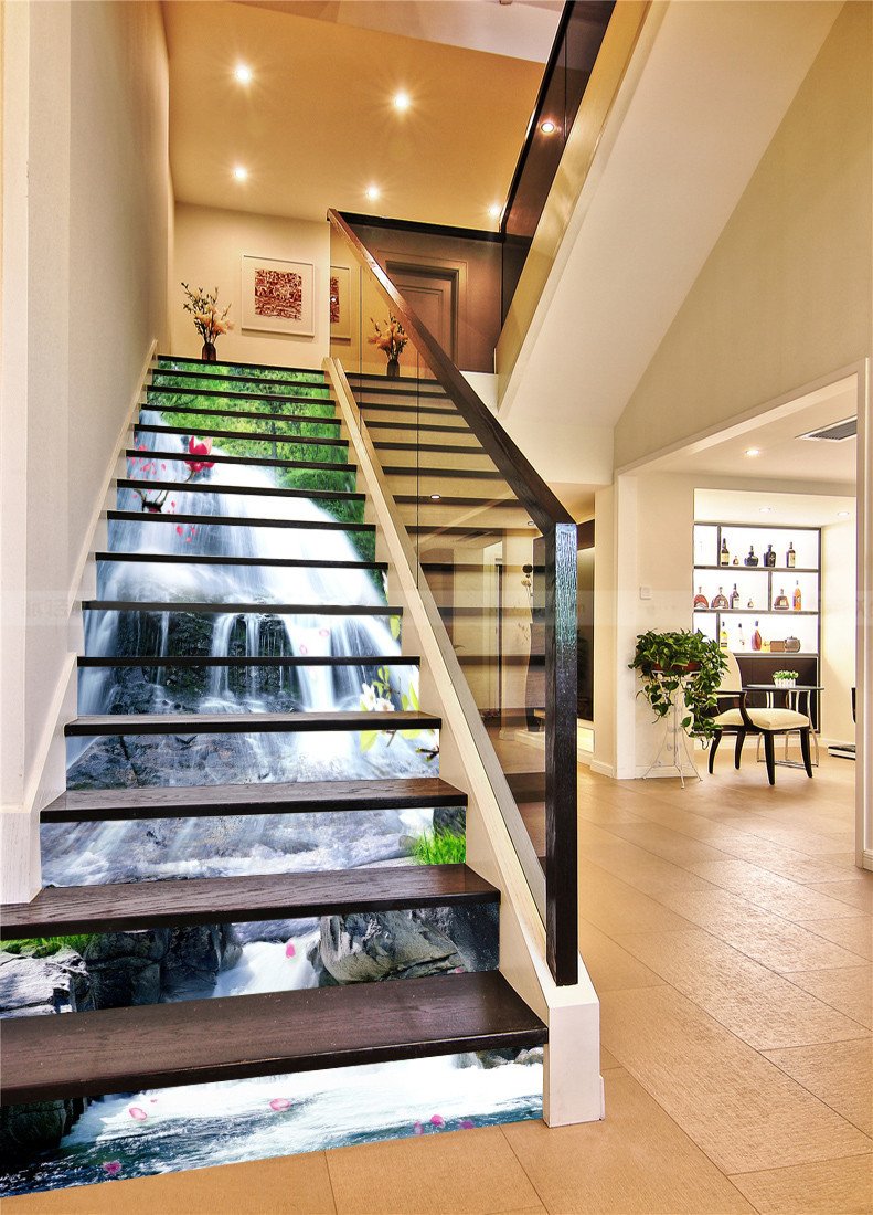 3D Flowing River Flying Flowers 302 Stair Risers Wallpaper AJ Wallpaper