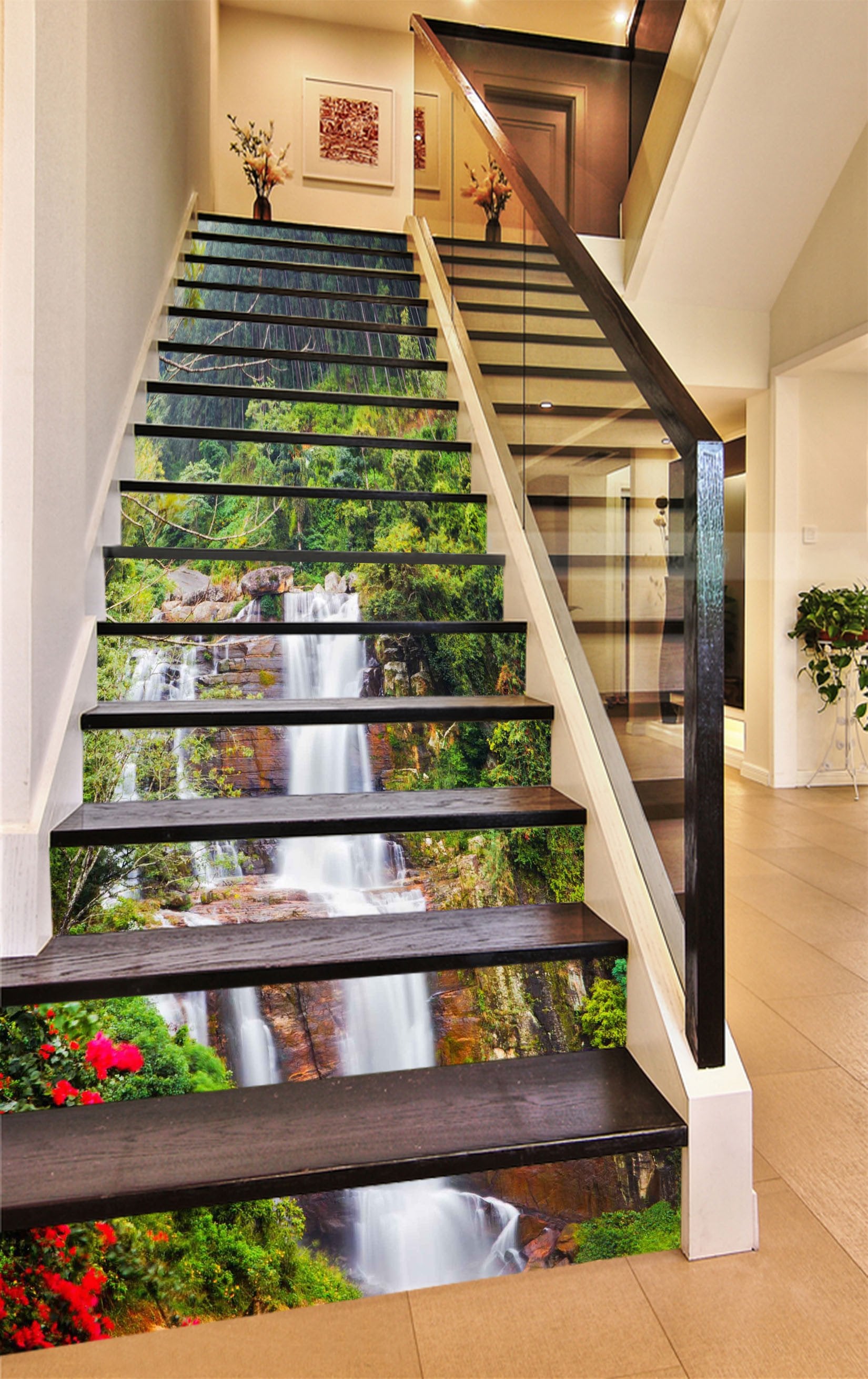 3D Forest Rugged Waterfall 1192 Stair Risers Wallpaper AJ Wallpaper