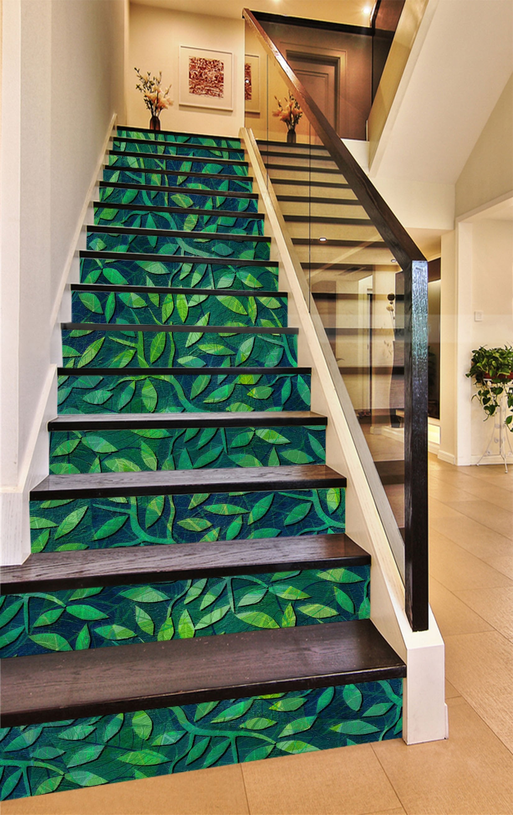 3D Green Leaves Pattern 1130 Stair Risers Wallpaper AJ Wallpaper