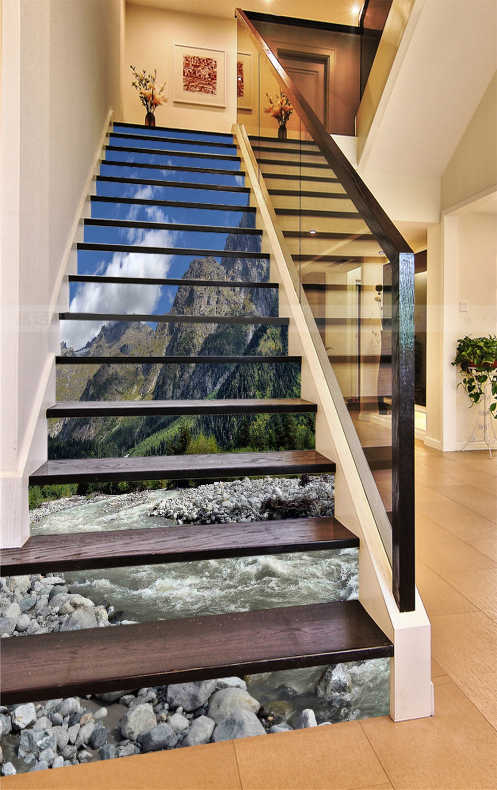 3D Mountain River Stones 858 Stair Risers Wallpaper AJ Wallpaper