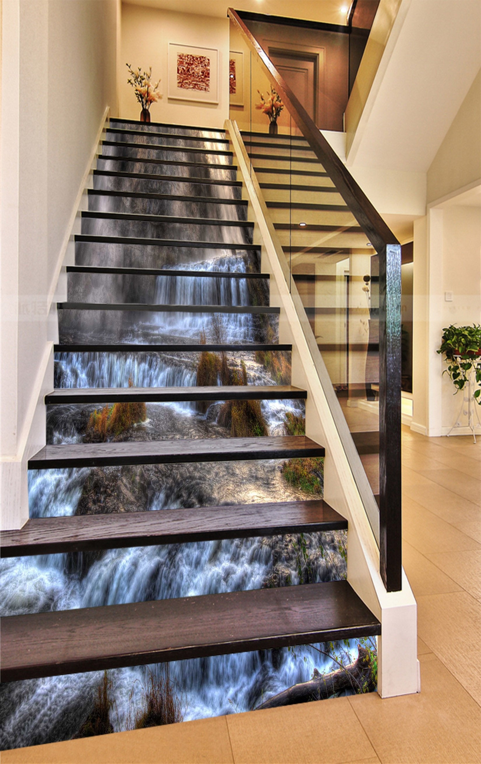 3D Hazy Waterfalls 883 Stair Risers Wallpaper AJ Wallpaper