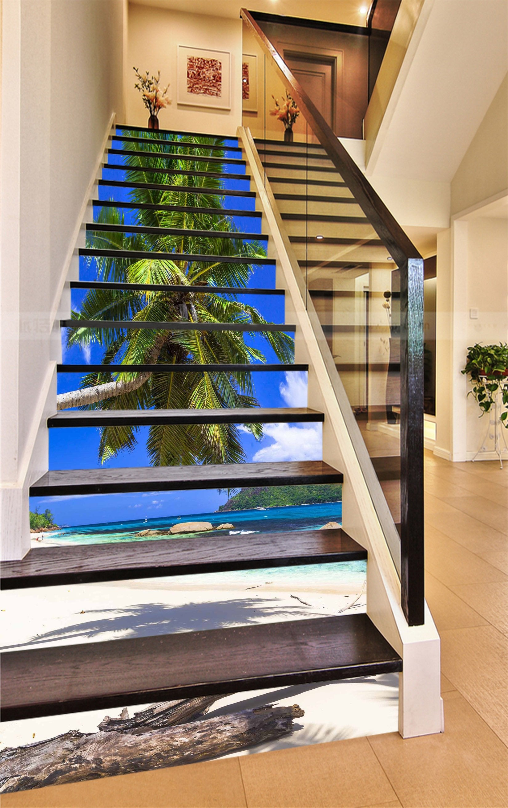 3D Sunny Beach Tree 859 Stair Risers Wallpaper AJ Wallpaper