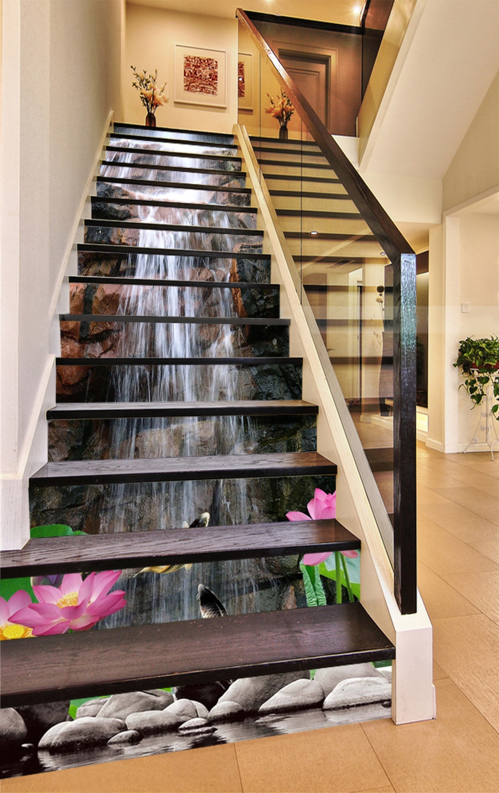 3D Waterfall Lotus Fishes 1367 Stair Risers Wallpaper AJ Wallpaper