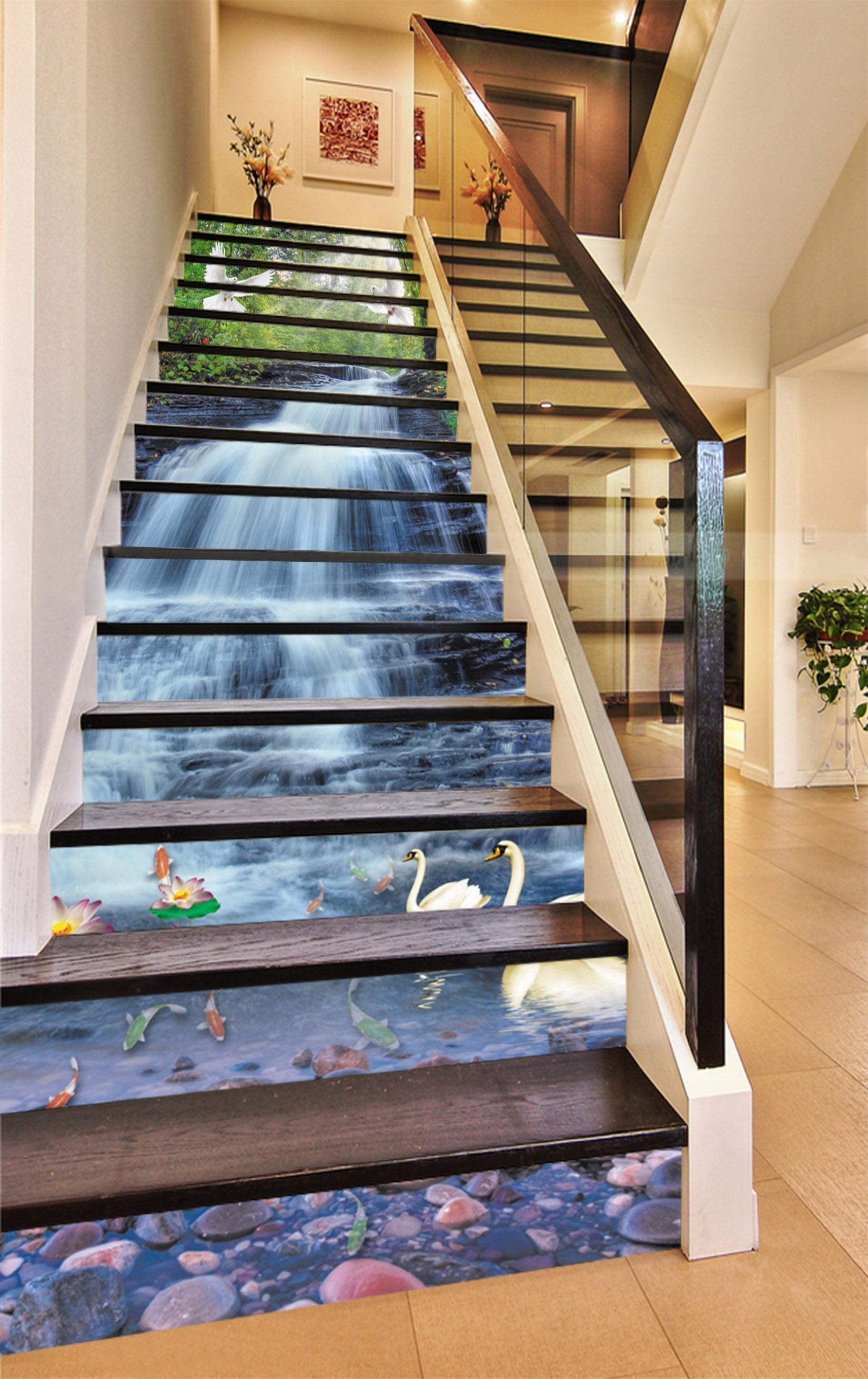3D Waterfall Birds Swans 1615 Stair Risers Wallpaper AJ Wallpaper