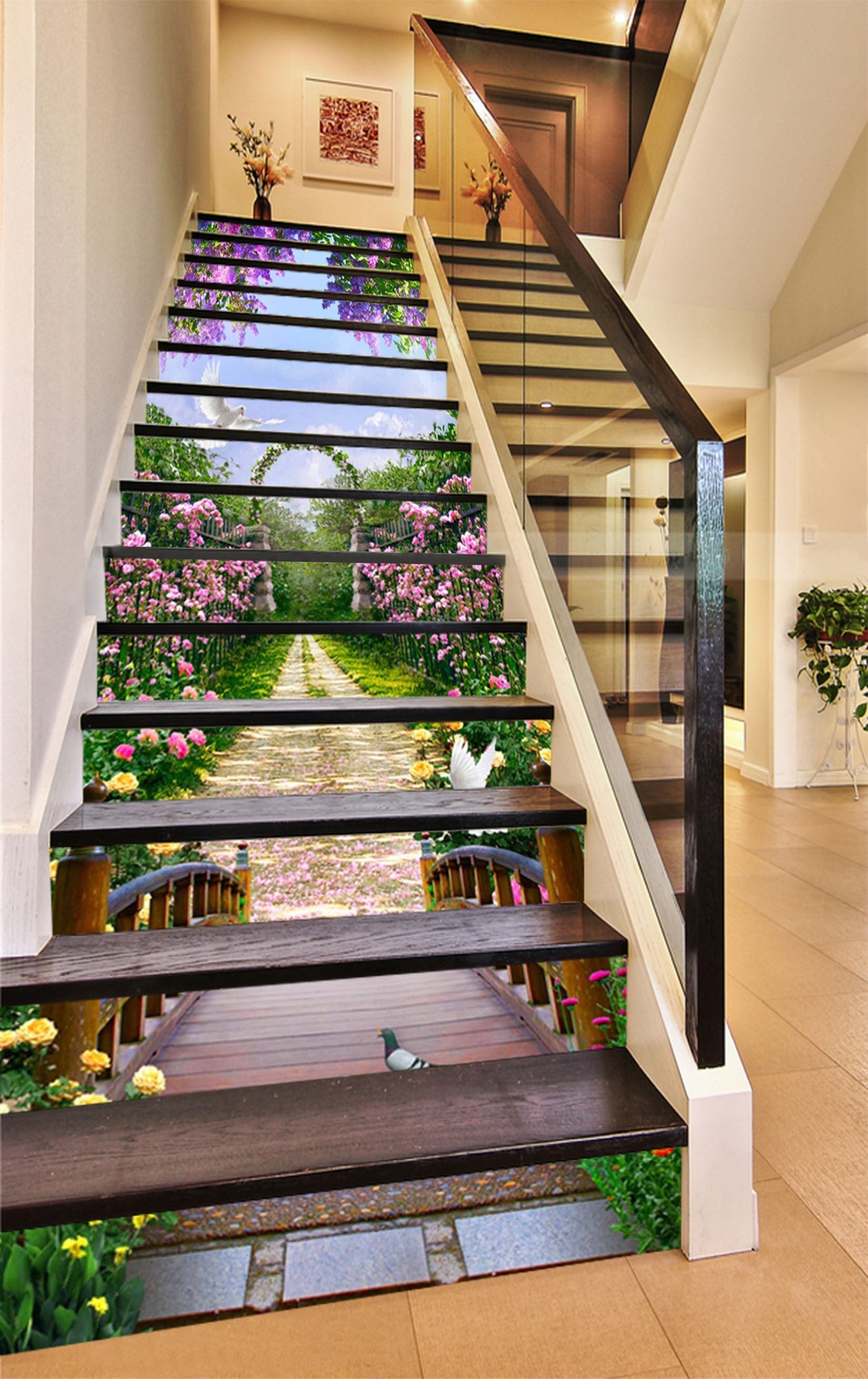 3D Garden Flowers Birds 1610 Stair Risers Wallpaper AJ Wallpaper
