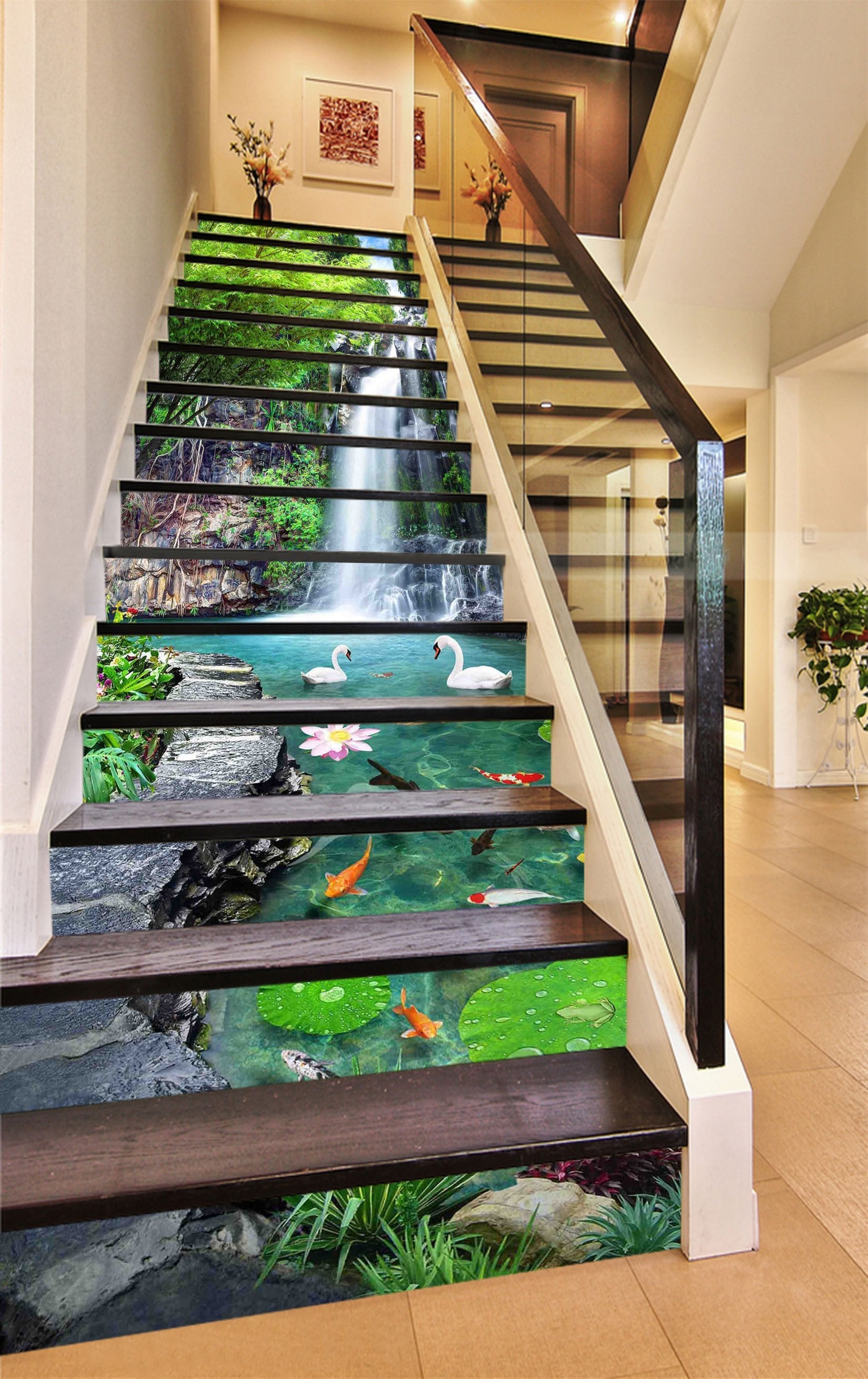 3D Waterfall Lake Fishes Swans 1478 Stair Risers Wallpaper AJ Wallpaper
