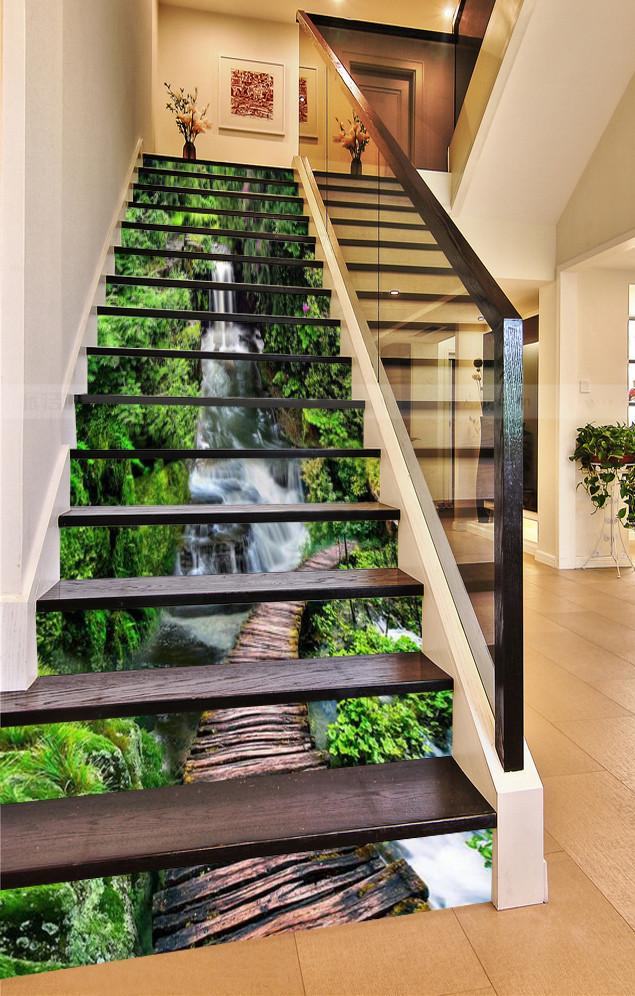 3D Mountain River Wood Bridge 689 Stair Risers Wallpaper AJ Wallpaper