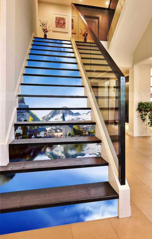 3D Snow Mountain Lake Town 563 Stair Risers Wallpaper AJ Wallpaper