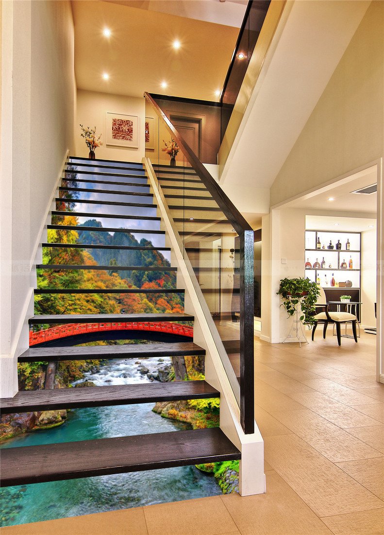 3D Mountain River Bridge 314 Stair Risers Wallpaper AJ Wallpaper