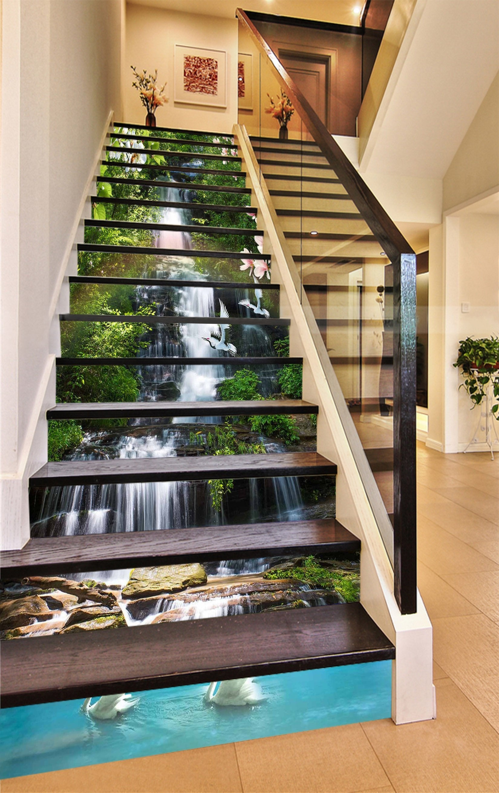 3D Creek Cranes Birds 1620 Stair Risers Wallpaper AJ Wallpaper