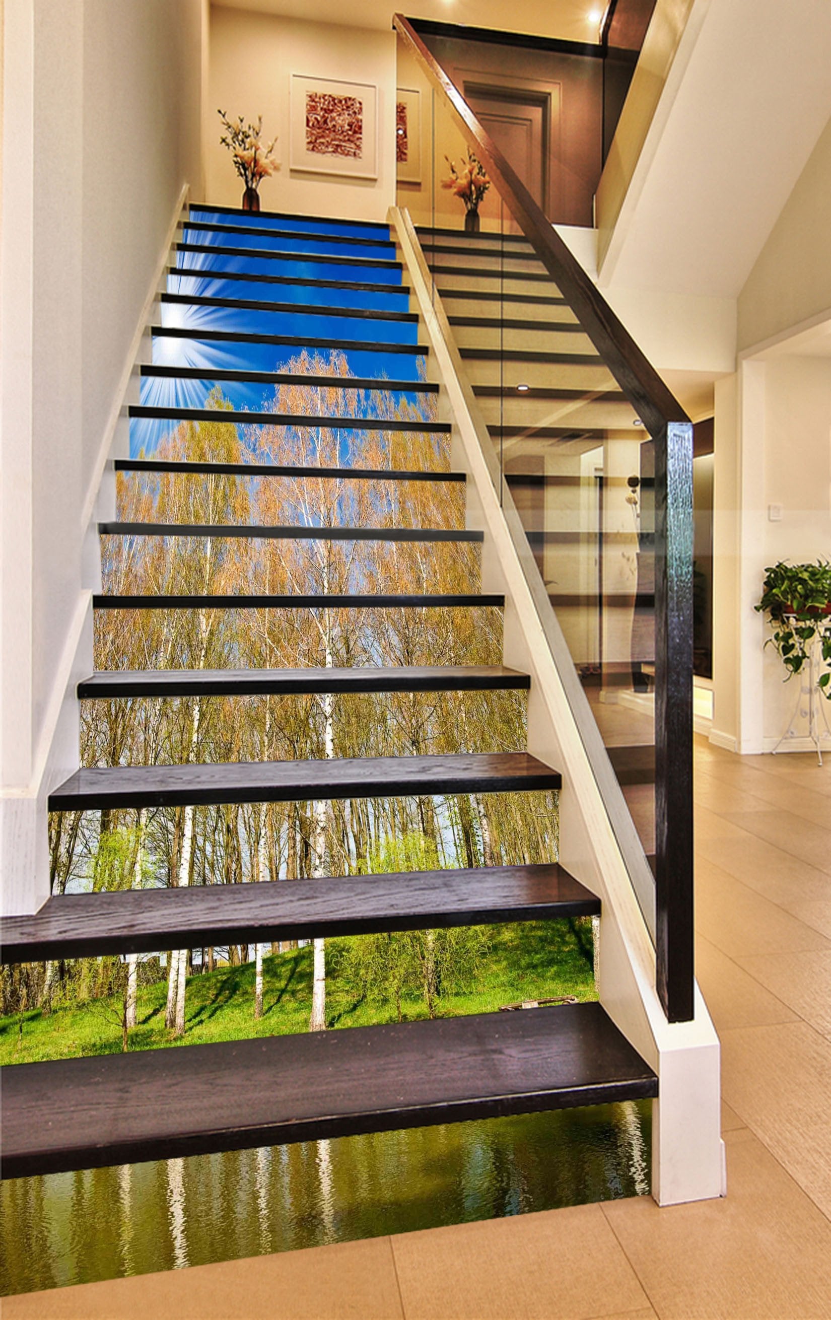3D Lakeside Tall Trees 776 Stair Risers Wallpaper AJ Wallpaper