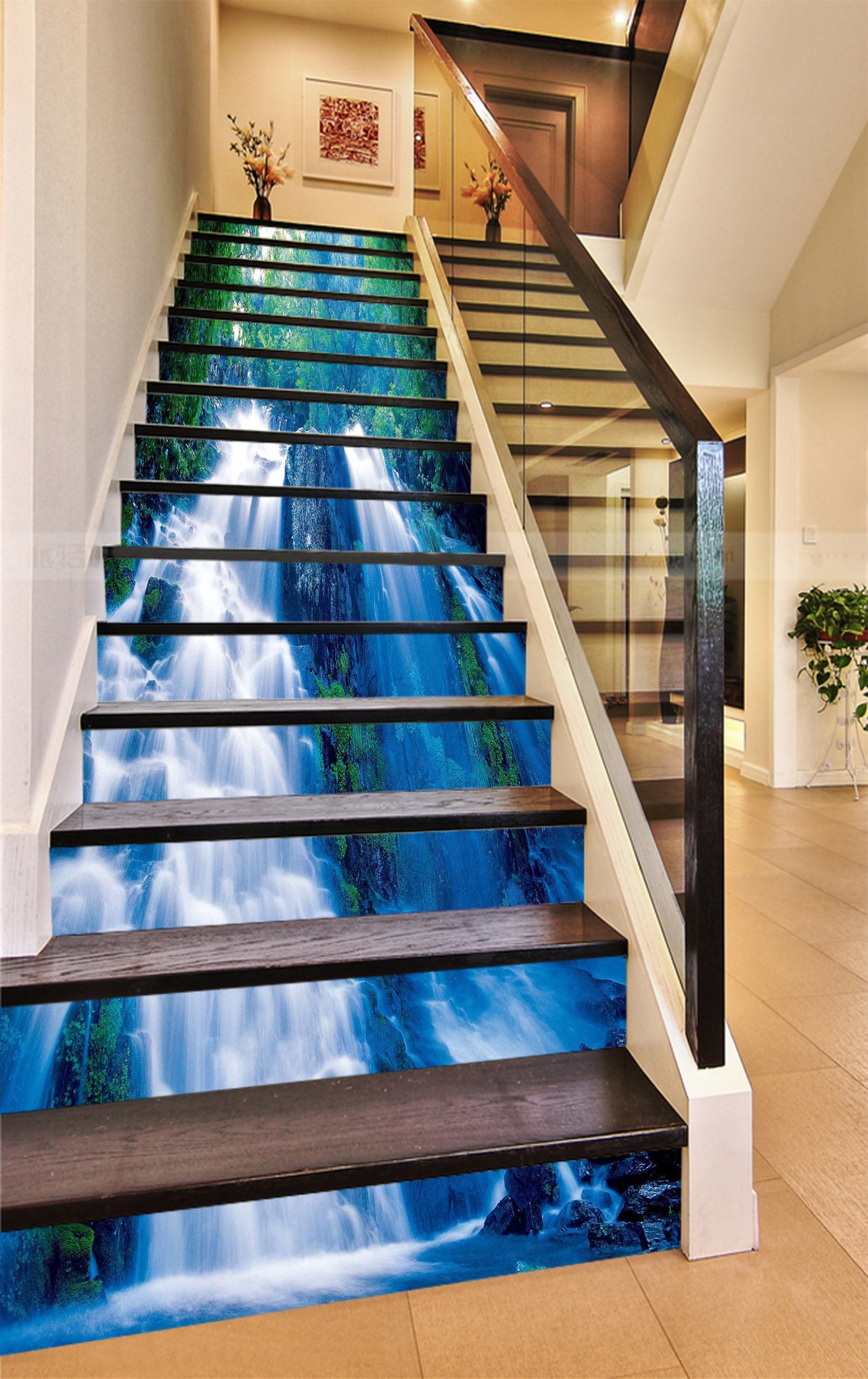 3D Forest Steep Waterfall 808 Stair Risers Wallpaper AJ Wallpaper