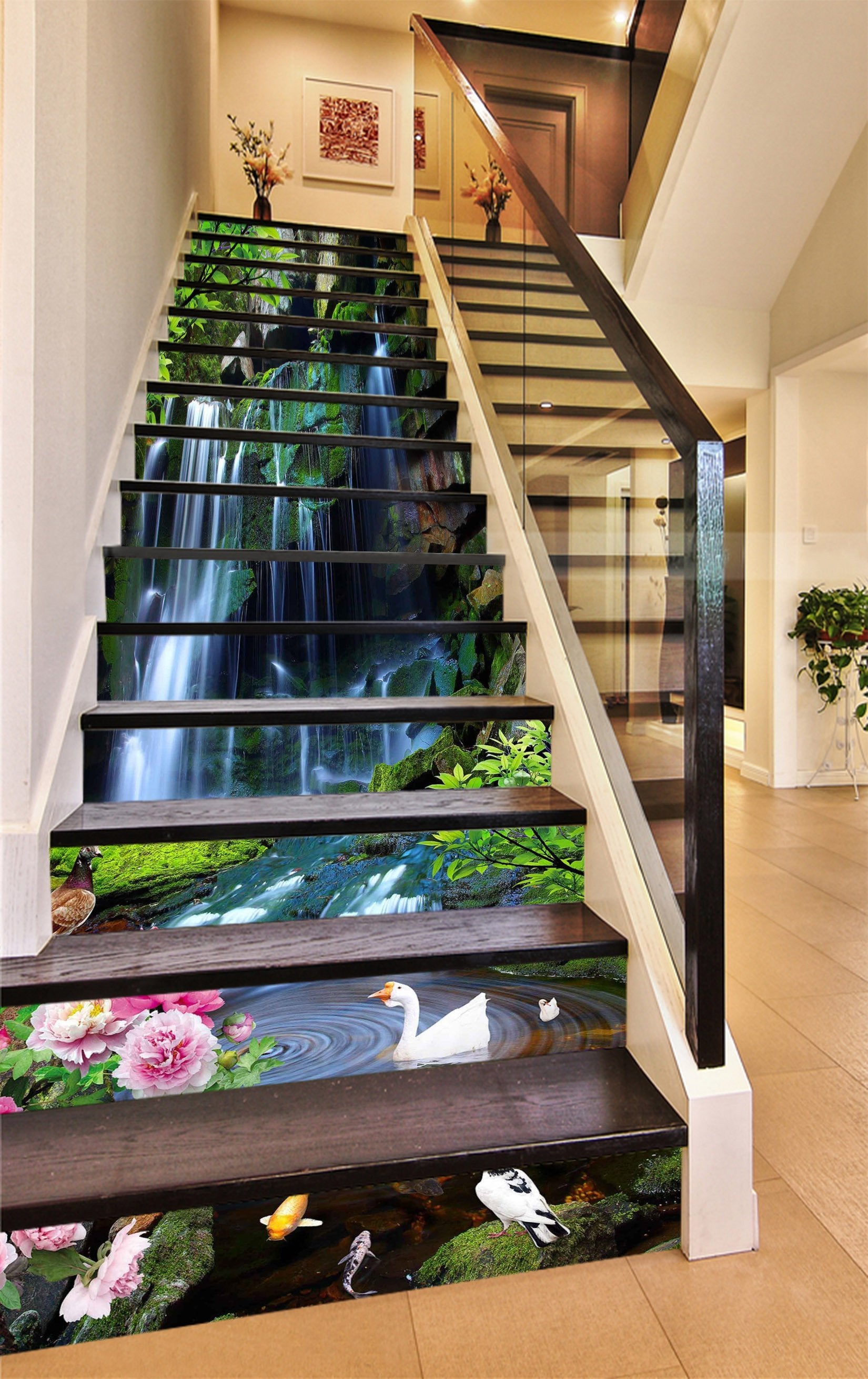 3D Natural Waterfall Lake Animals 1364 Stair Risers Wallpaper AJ Wallpaper