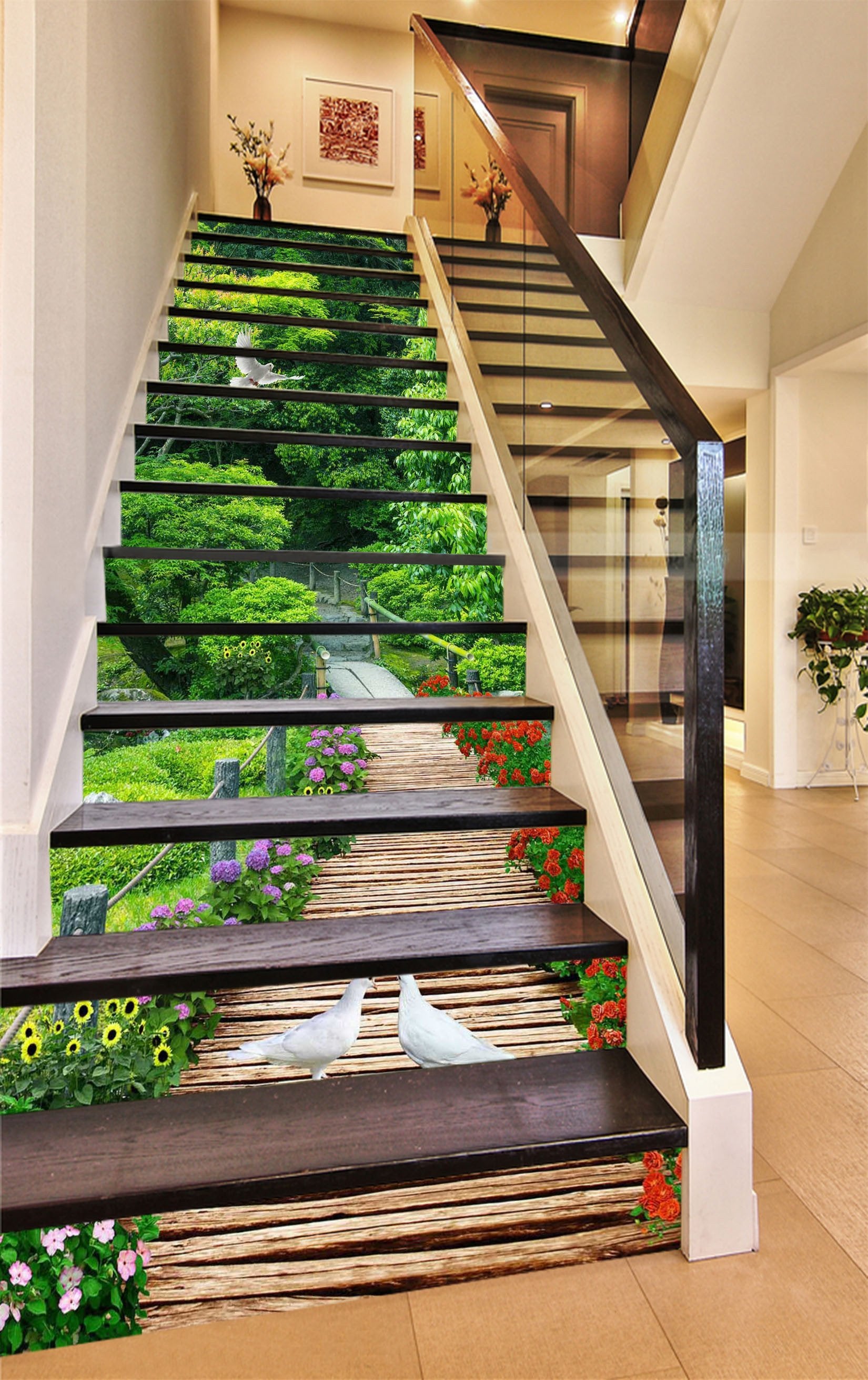 3D Forest Wood Road Birds 1623 Stair Risers Wallpaper AJ Wallpaper