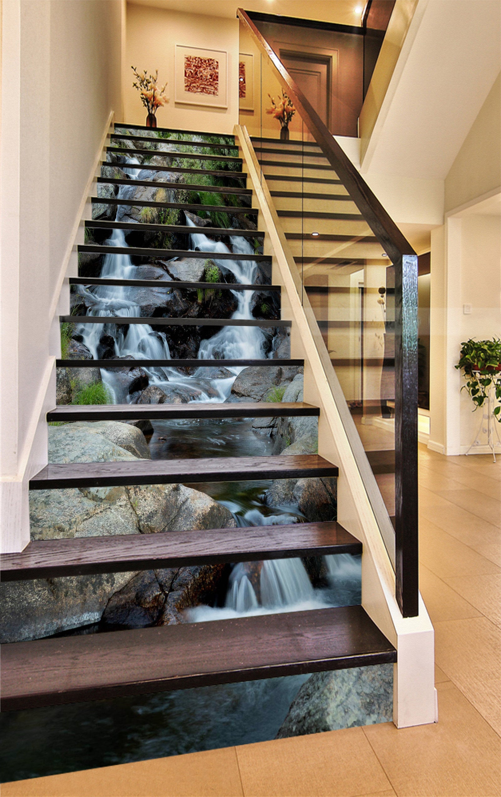 3D Dark Stone Flowing Water 357 Stair Risers