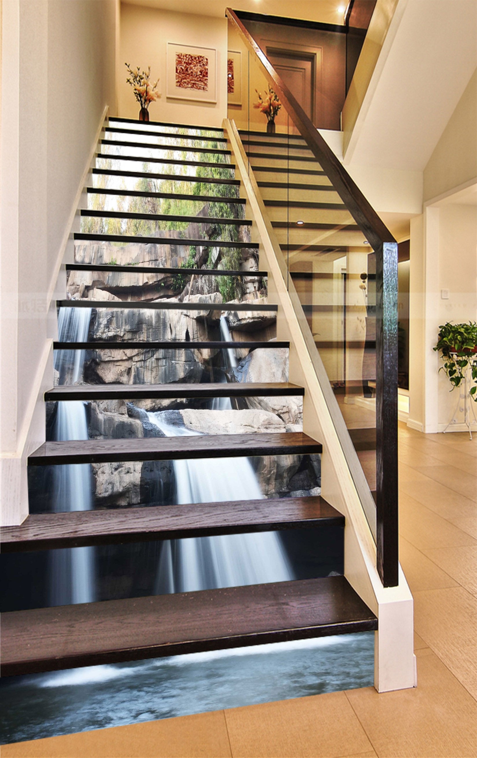 3D Metal Rocks Waterfall 838 Stair Risers Wallpaper AJ Wallpaper