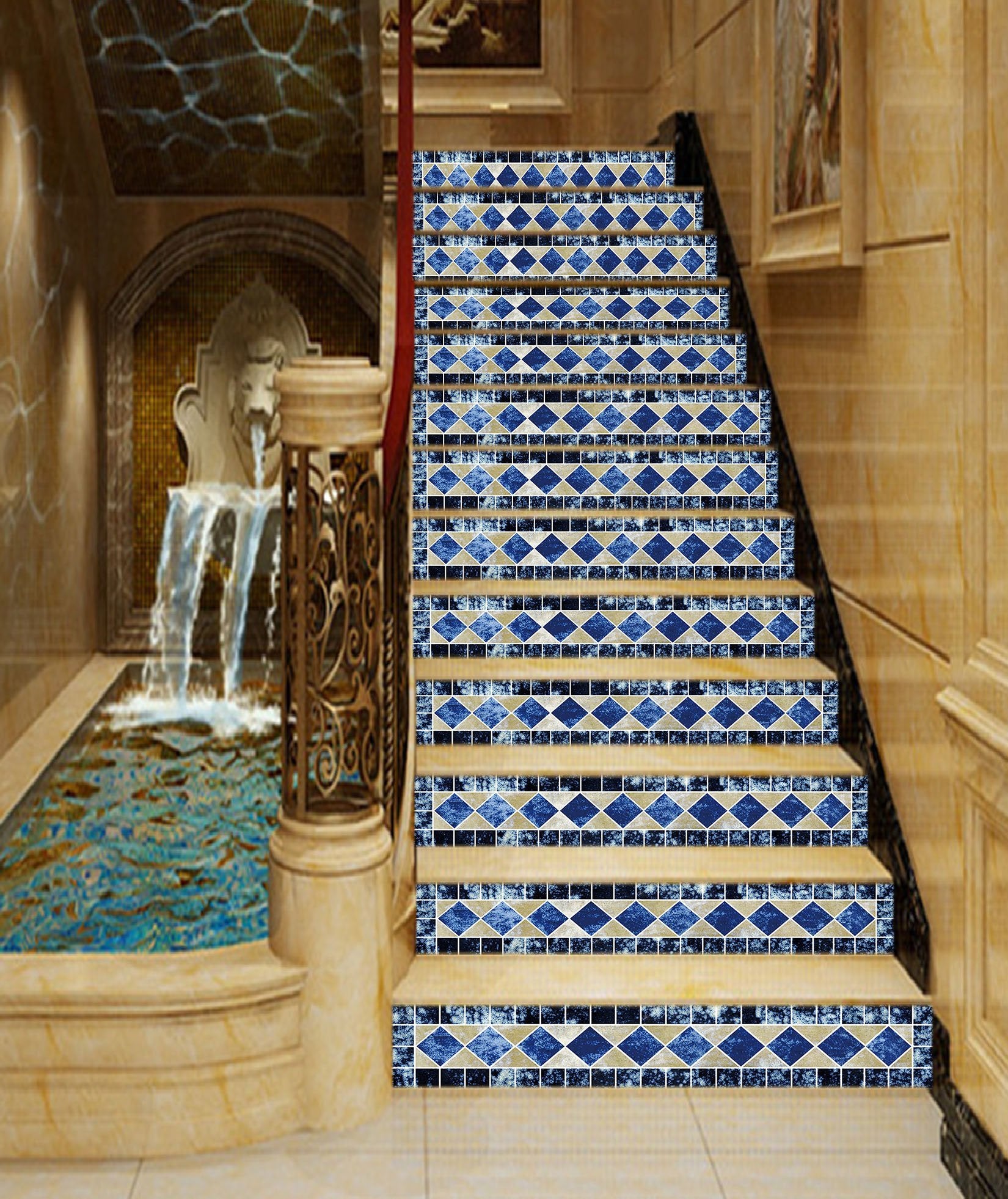 3D Blue Gird 687 Stair Risers Wallpaper AJ Wallpaper