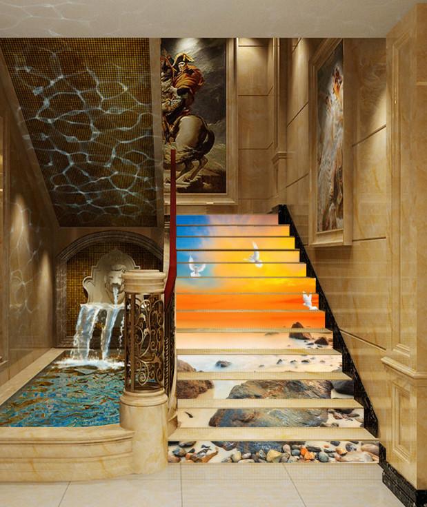 3D Sunset Beach Stones And Seagulls 402 Stair Risers Wallpaper AJ Wallpaper