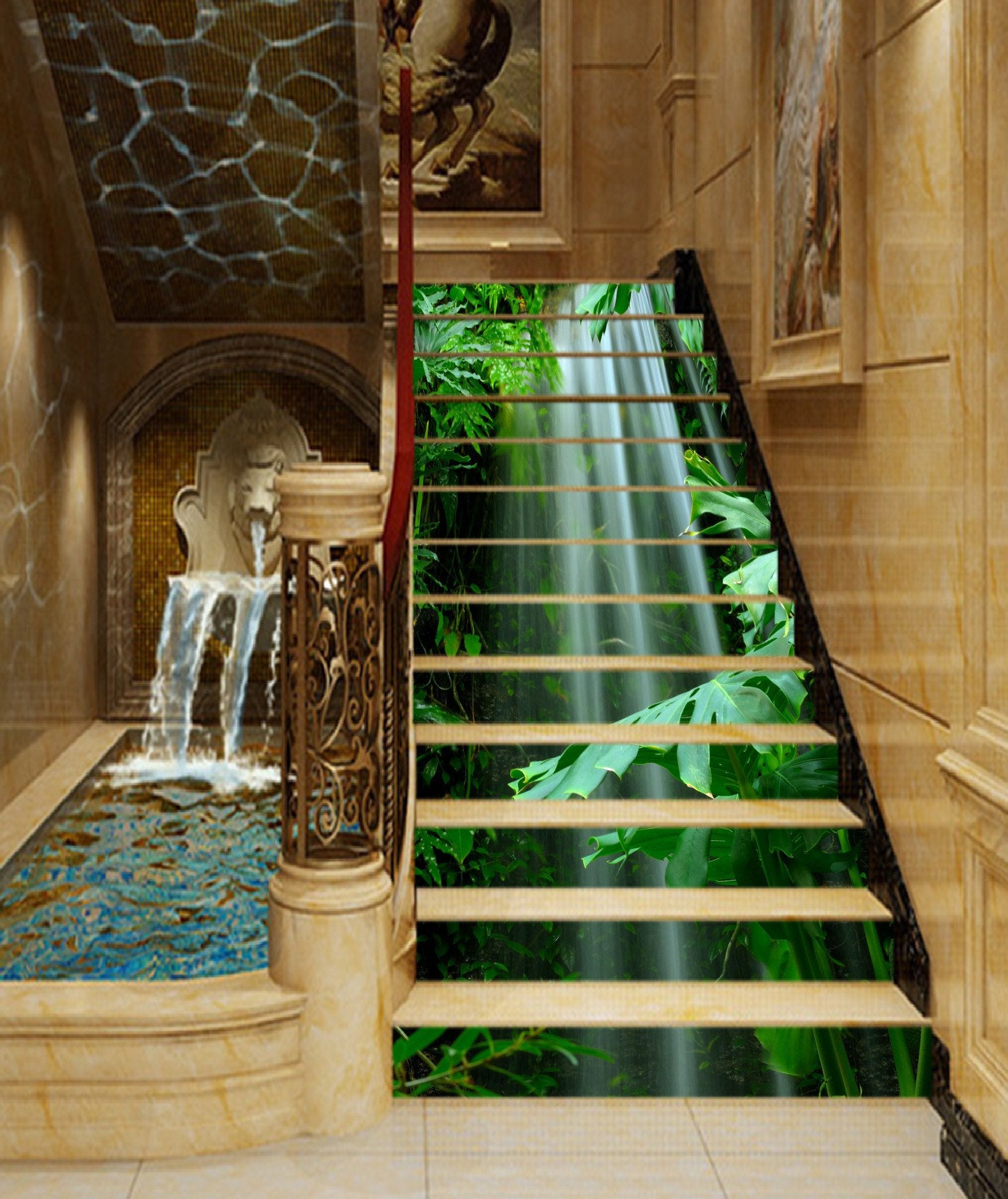 3D Waterfall Fresh Plants 806 Stair Risers Wallpaper AJ Wallpaper
