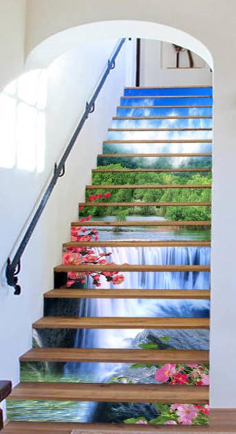 3D Waterfall And Flowers 760 Stair Risers Wallpaper AJ Wallpaper