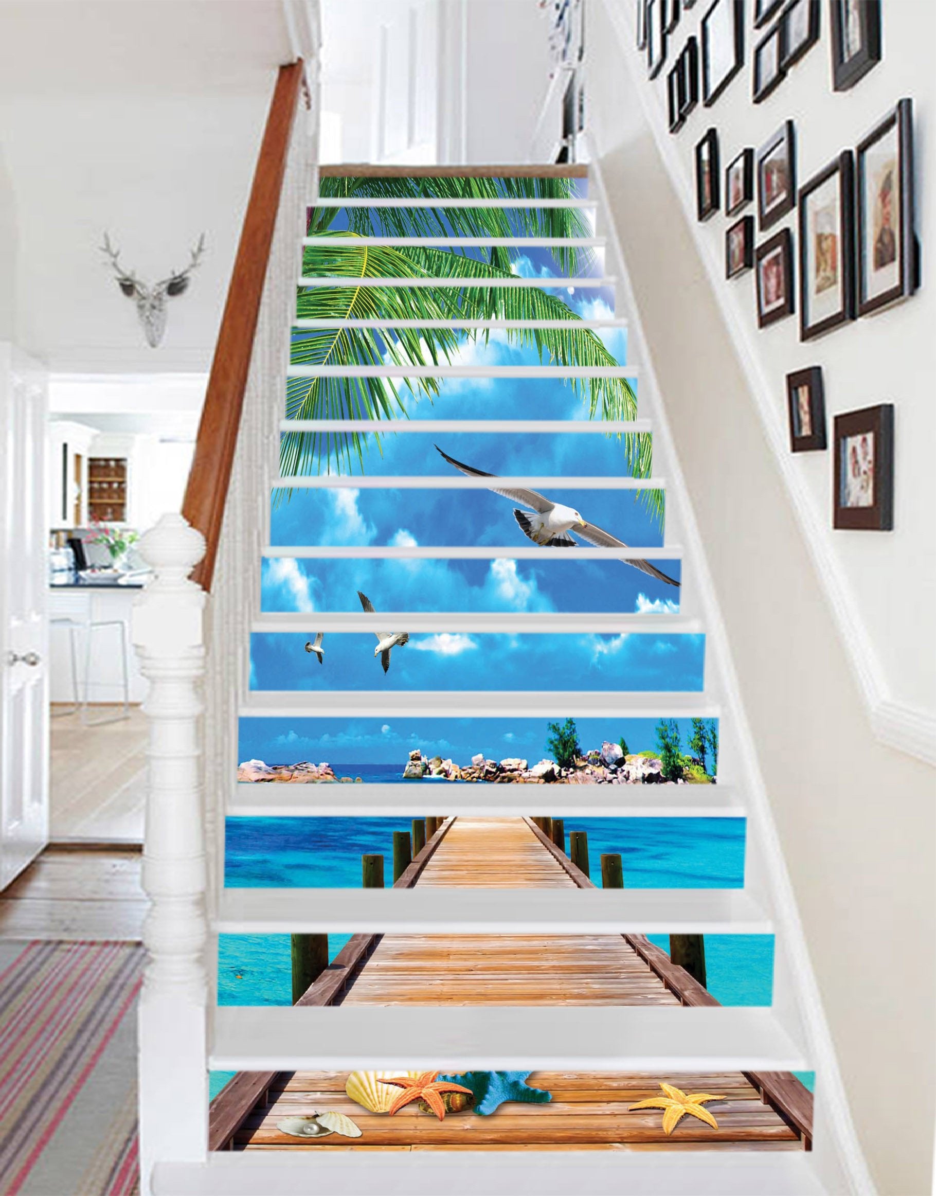 3D Blue Sea Wood Bridge 1286 Stair Risers Wallpaper AJ Wallpaper