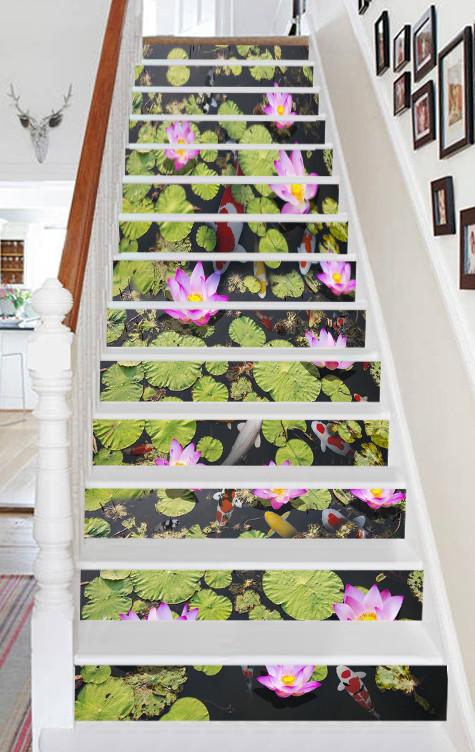 3D Fish Pond Flowers 580 Stair Risers Wallpaper AJ Wallpaper