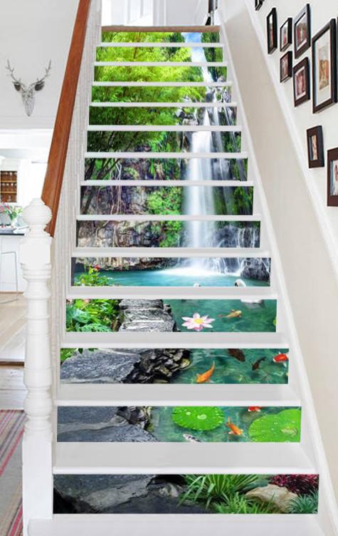 3D Waterfall Lake Scenery 583 Stair Risers Wallpaper AJ Wallpaper