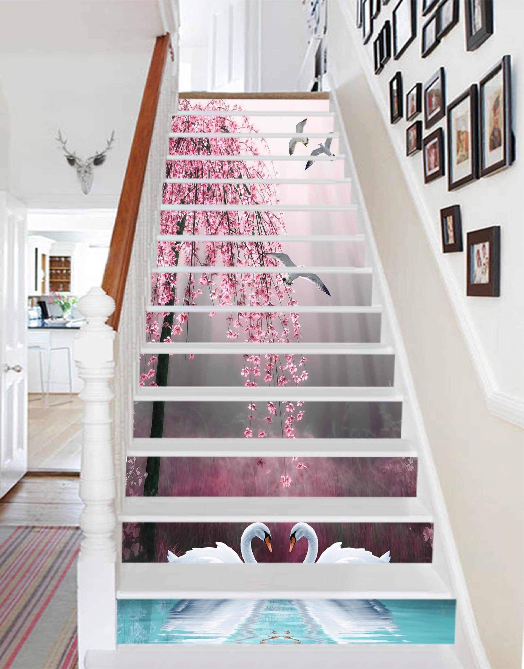 3D Flowers Tree Swans Birds 1486 Stair Risers Wallpaper AJ Wallpaper