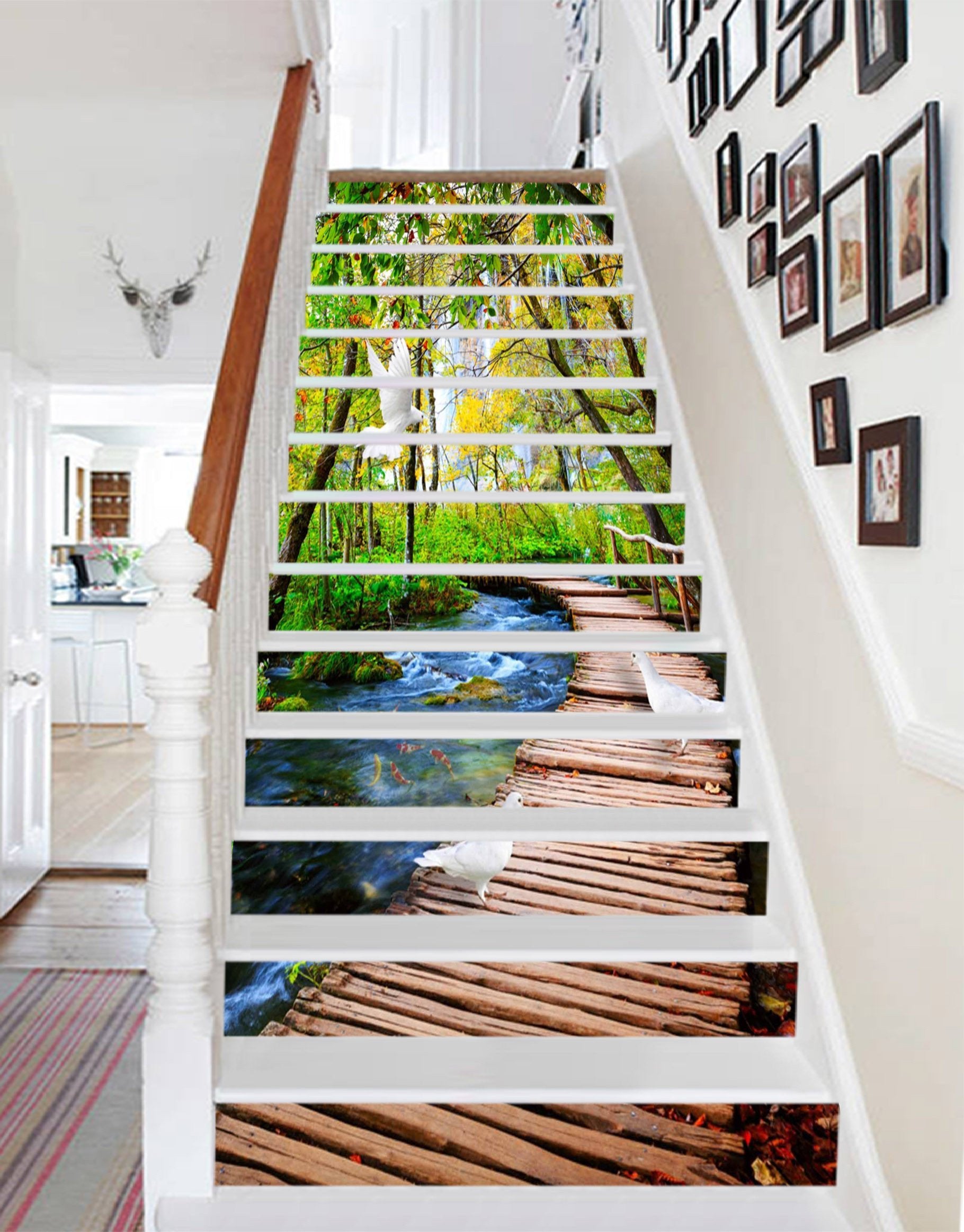 3D River Wood Bridge Doves 1338 Stair Risers Wallpaper AJ Wallpaper