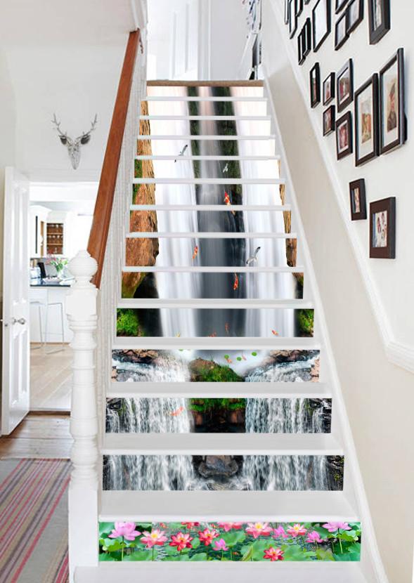 3D Waterfall Fishes Flowers 775 Stair Risers Wallpaper AJ Wallpaper