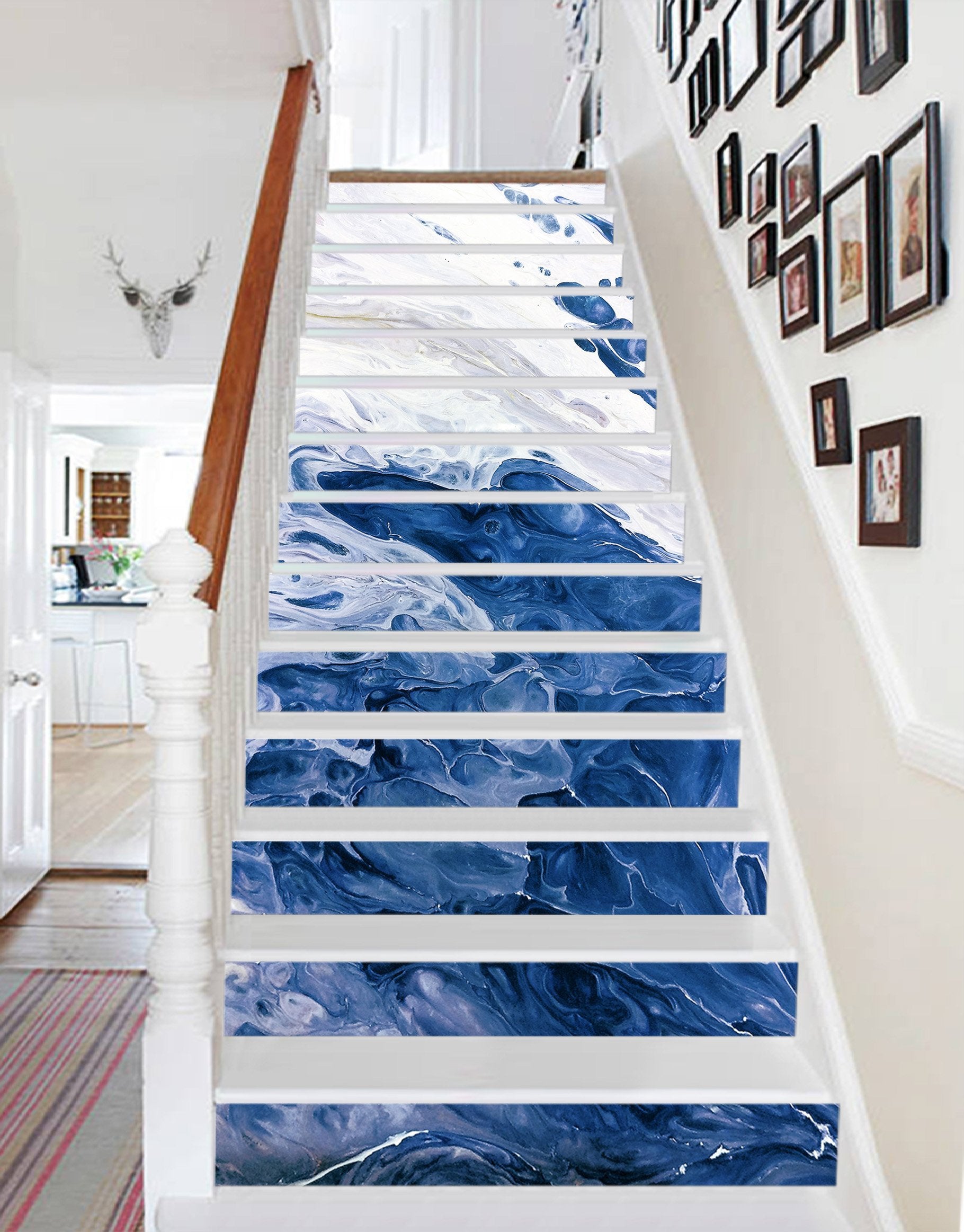 3D Blue Swirl 6130 Marble Tile Texture Stair Risers Wallpaper AJ Wallpaper