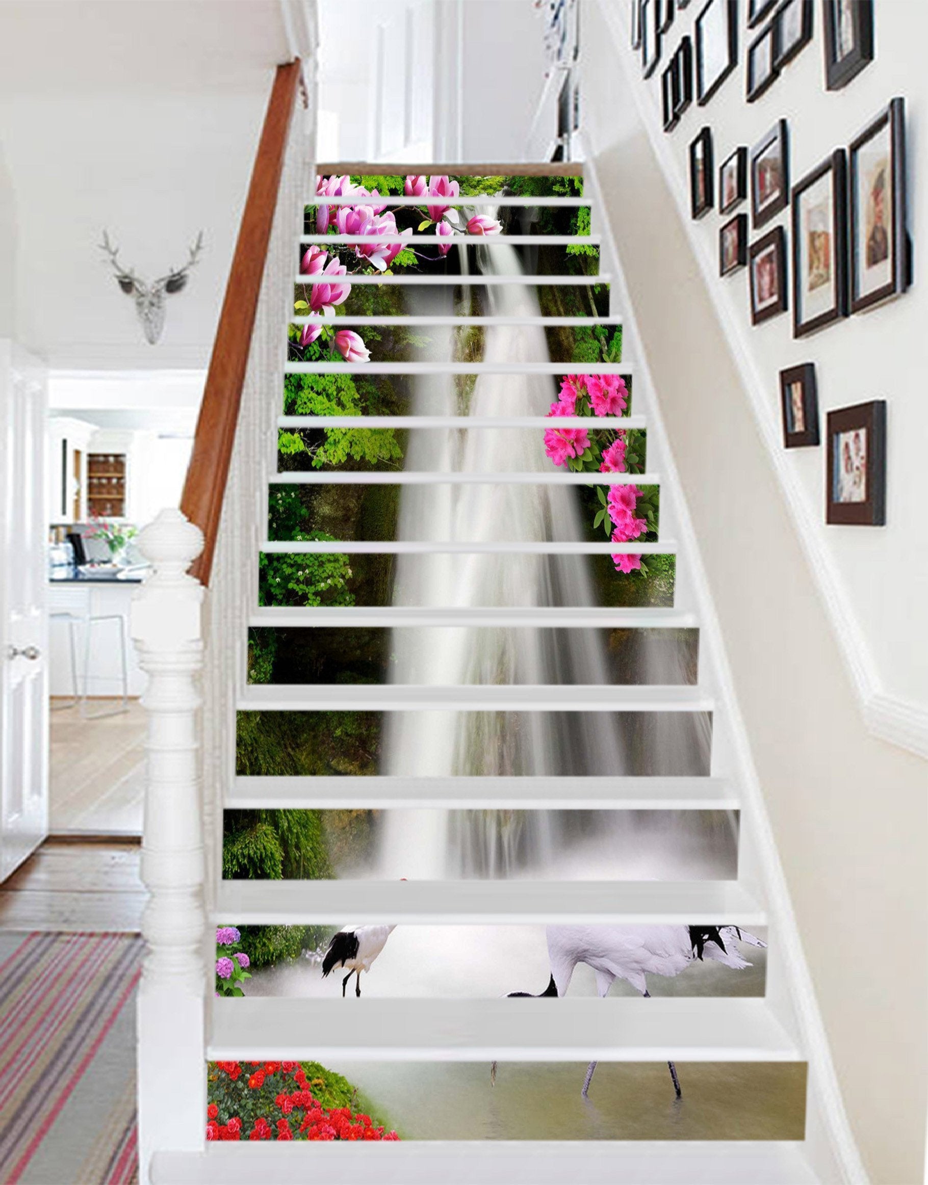 3D Waterfall Flowers Cranes 1638 Stair Risers Wallpaper AJ Wallpaper