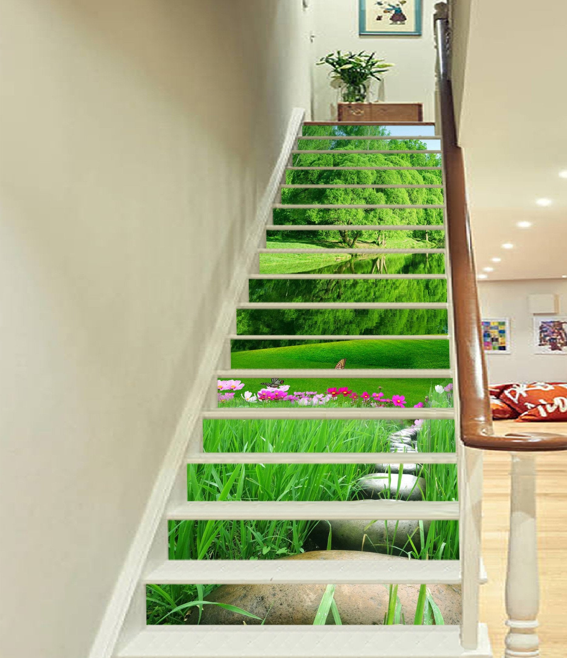 3D Lake Grassland Trees 1624 Stair Risers Wallpaper AJ Wallpaper