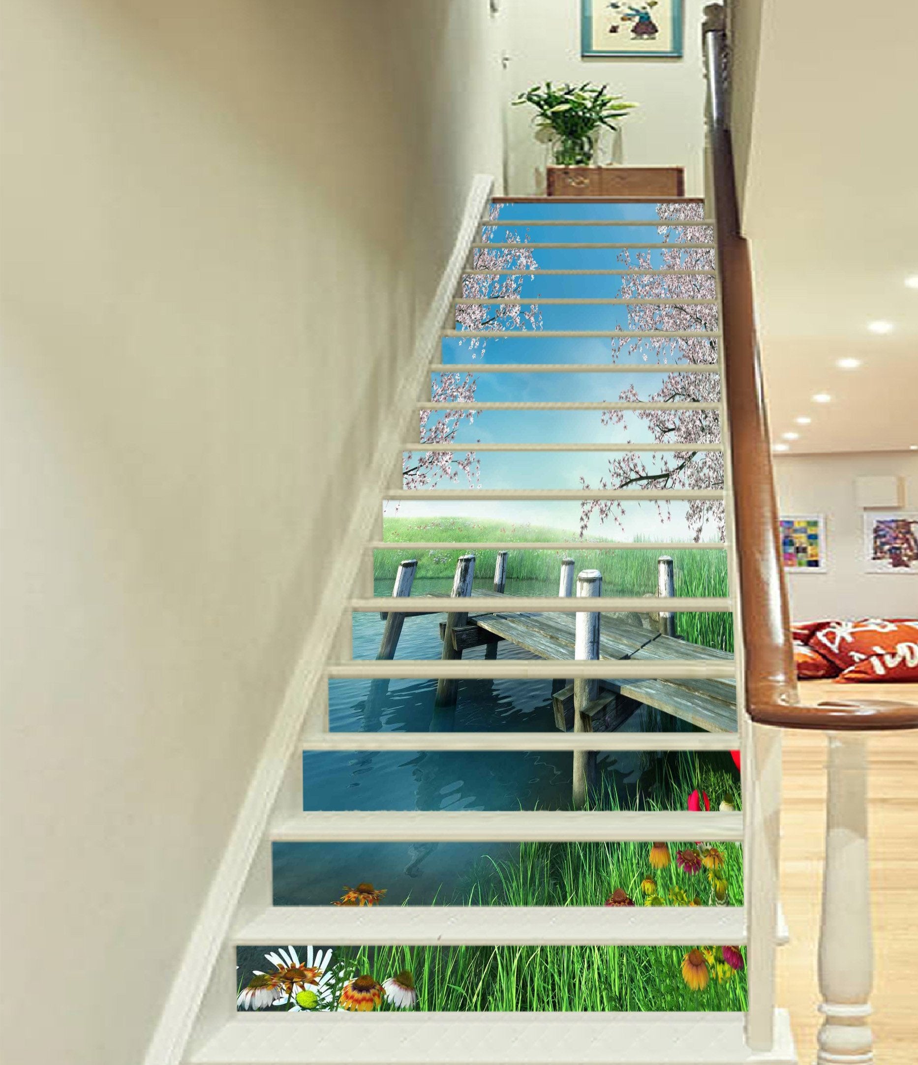 3D Lake Wood Bridge 1563 Stair Risers Wallpaper AJ Wallpaper