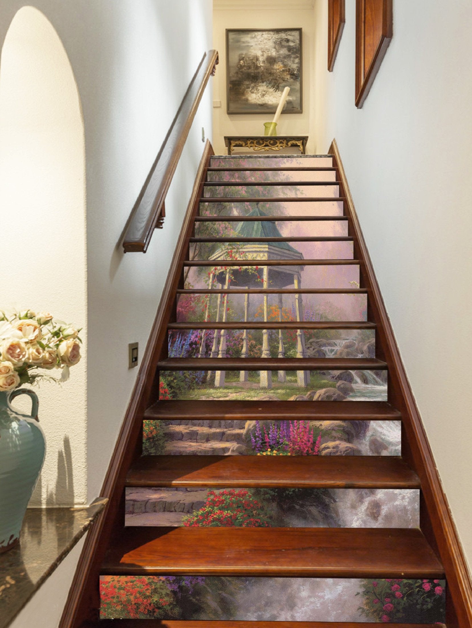 3D River Pavilion Flowers 1032 Stair Risers Wallpaper AJ Wallpaper