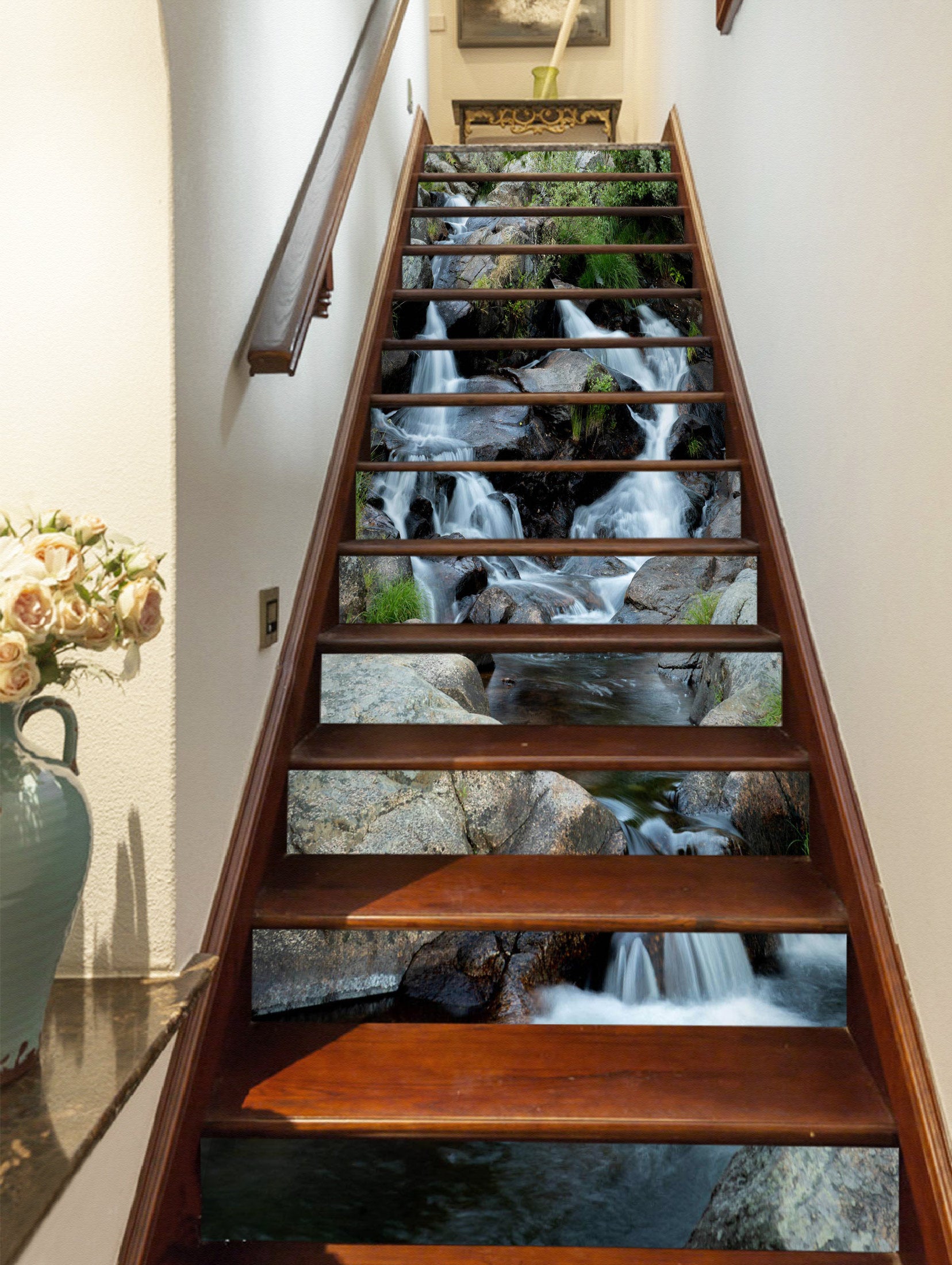 3D Dark Stone Flowing Water 357 Stair Risers