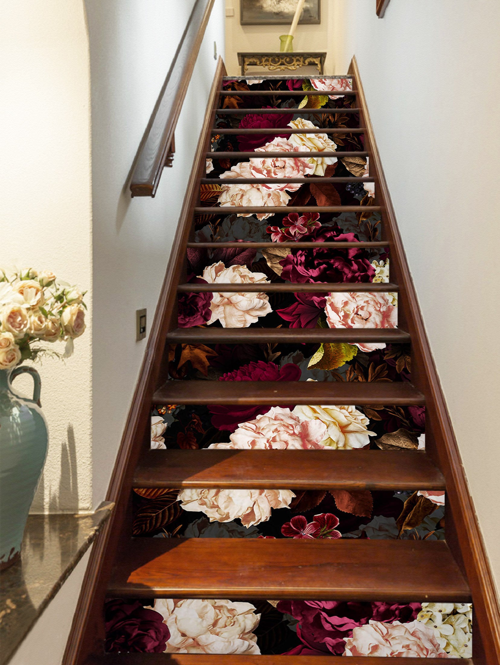 3D Dark Red White Flowers 10409 Uta Naumann Stair Risers