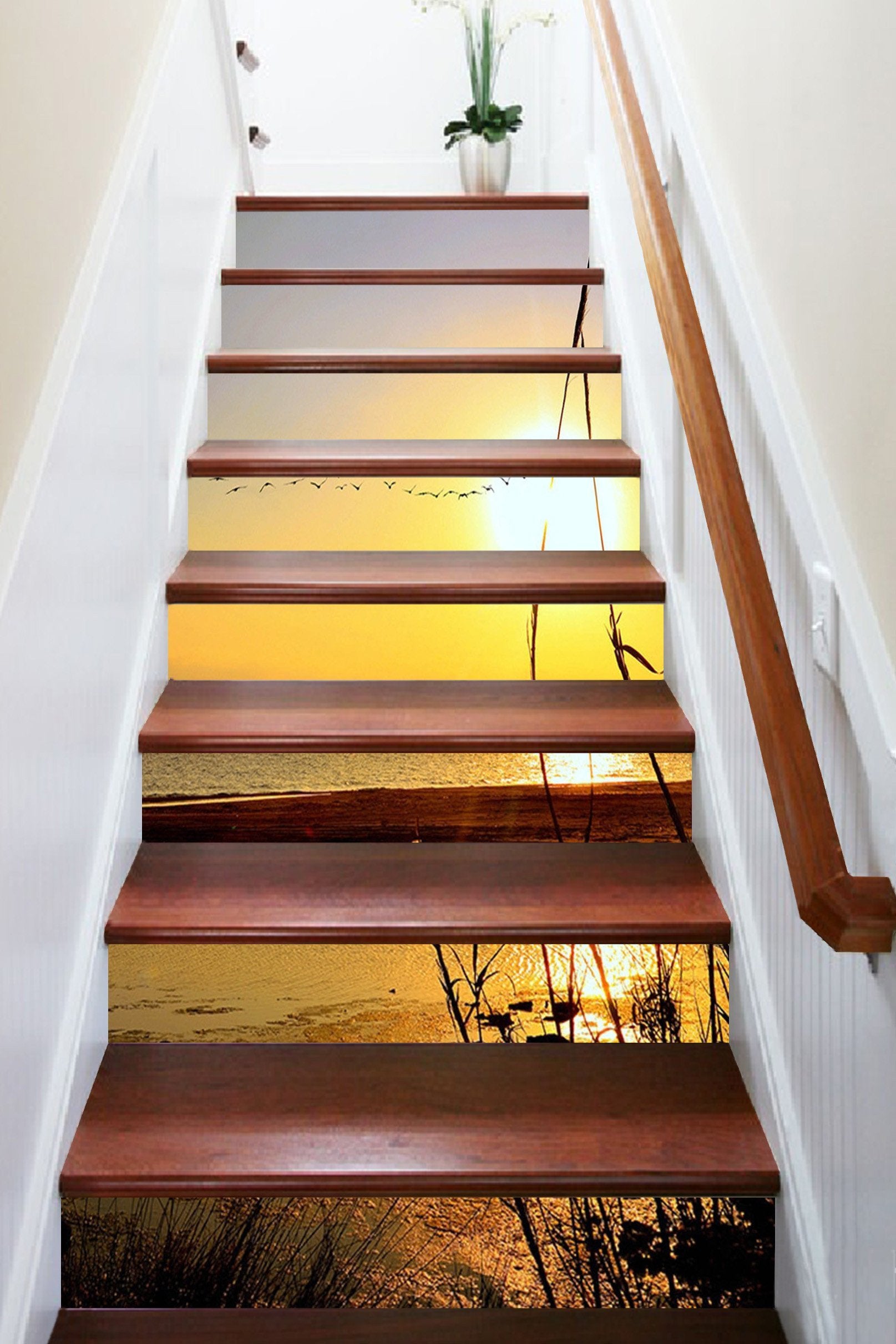 3D Sea Sunset Flying Seagulls 1501 Stair Risers Wallpaper AJ Wallpaper