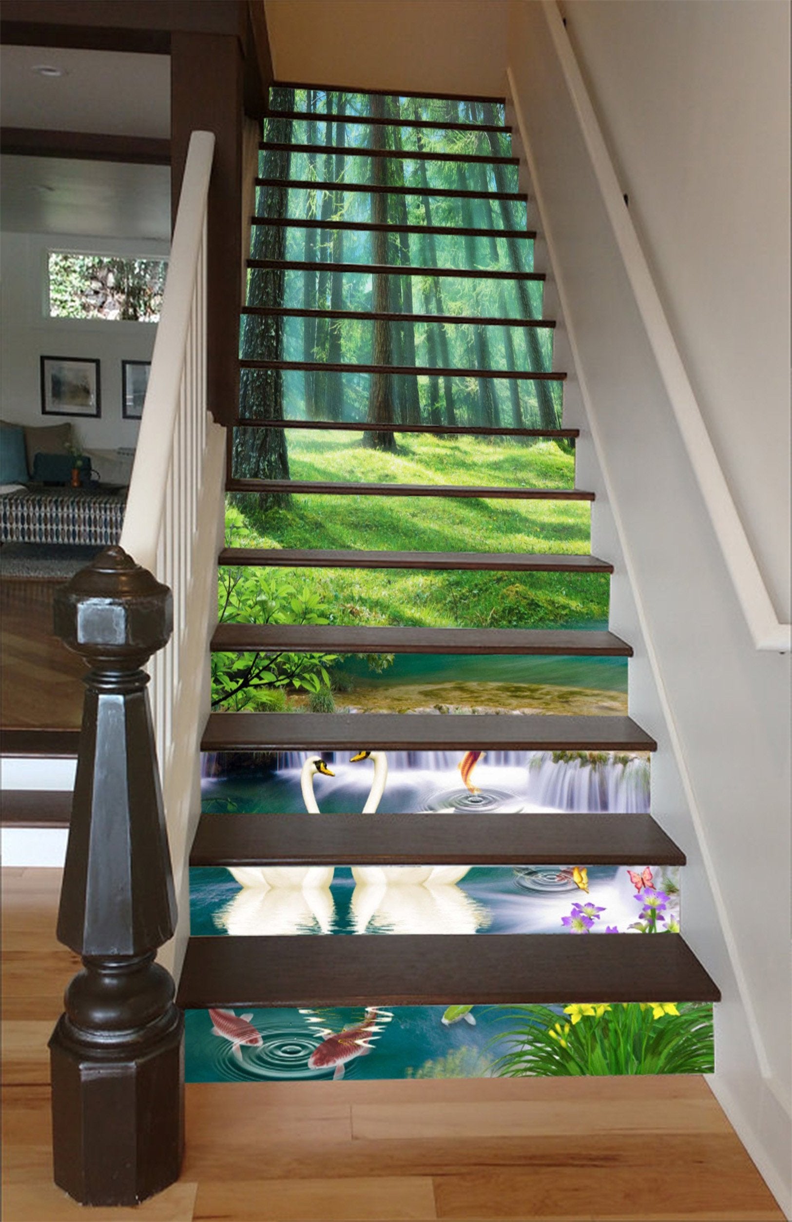 3D Forest River Swans 1493 Stair Risers Wallpaper AJ Wallpaper