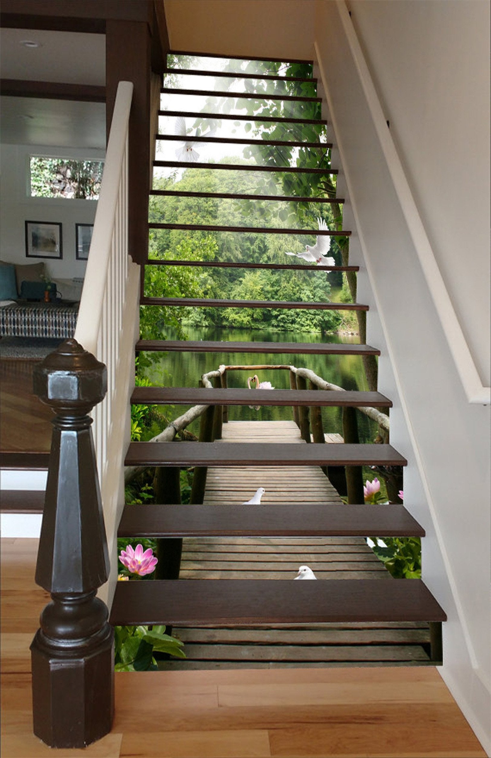 3D Lakeside Bridge Birds 1632 Stair Risers Wallpaper AJ Wallpaper