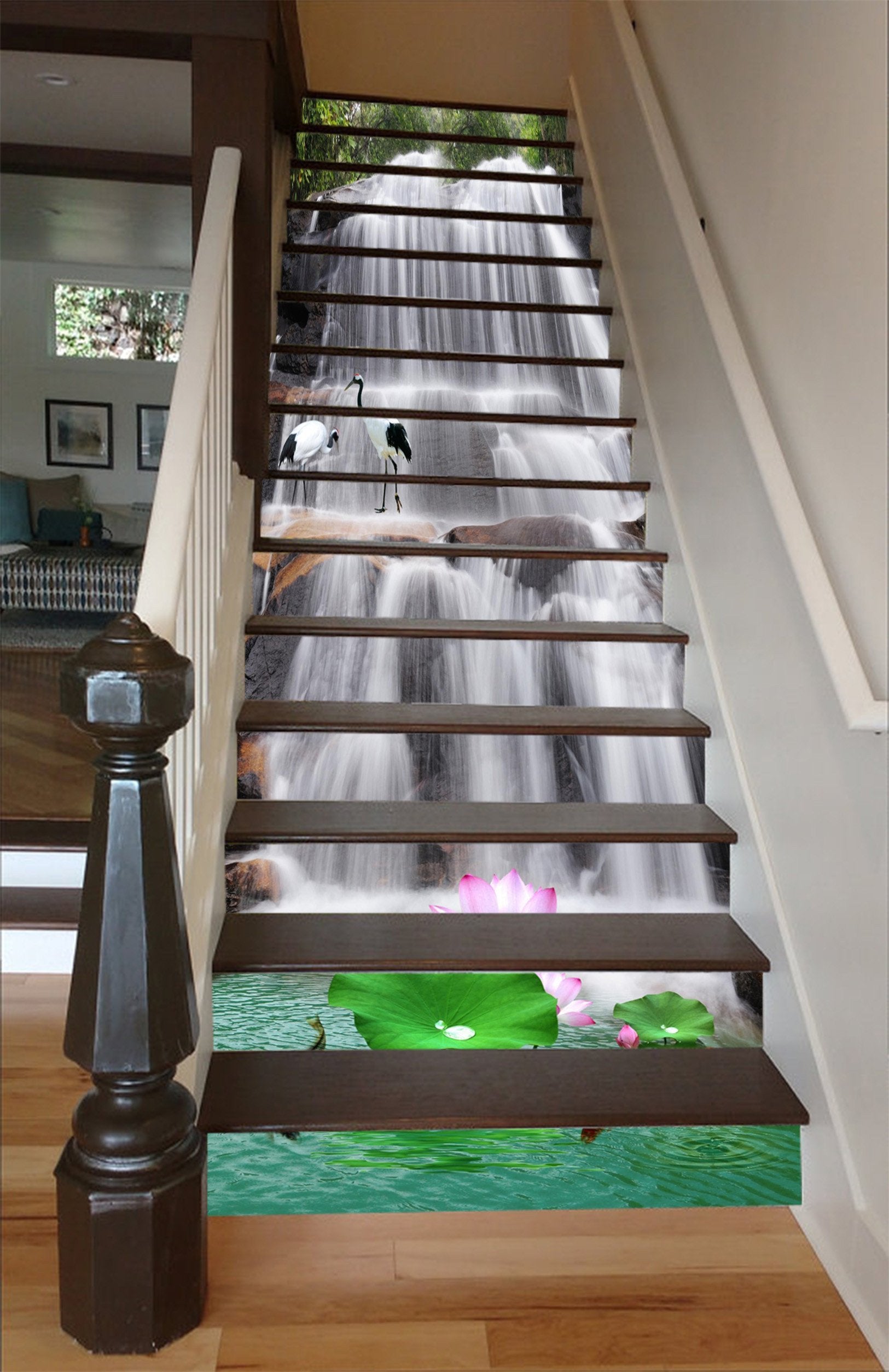 3D Waterfall Cranes 1349 Stair Risers Wallpaper AJ Wallpaper
