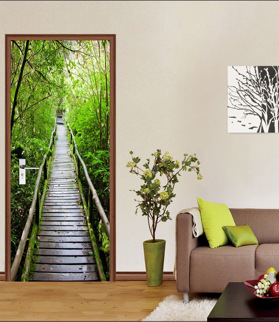 3D woods green plank bridge door mural Wallpaper AJ Wallpaper