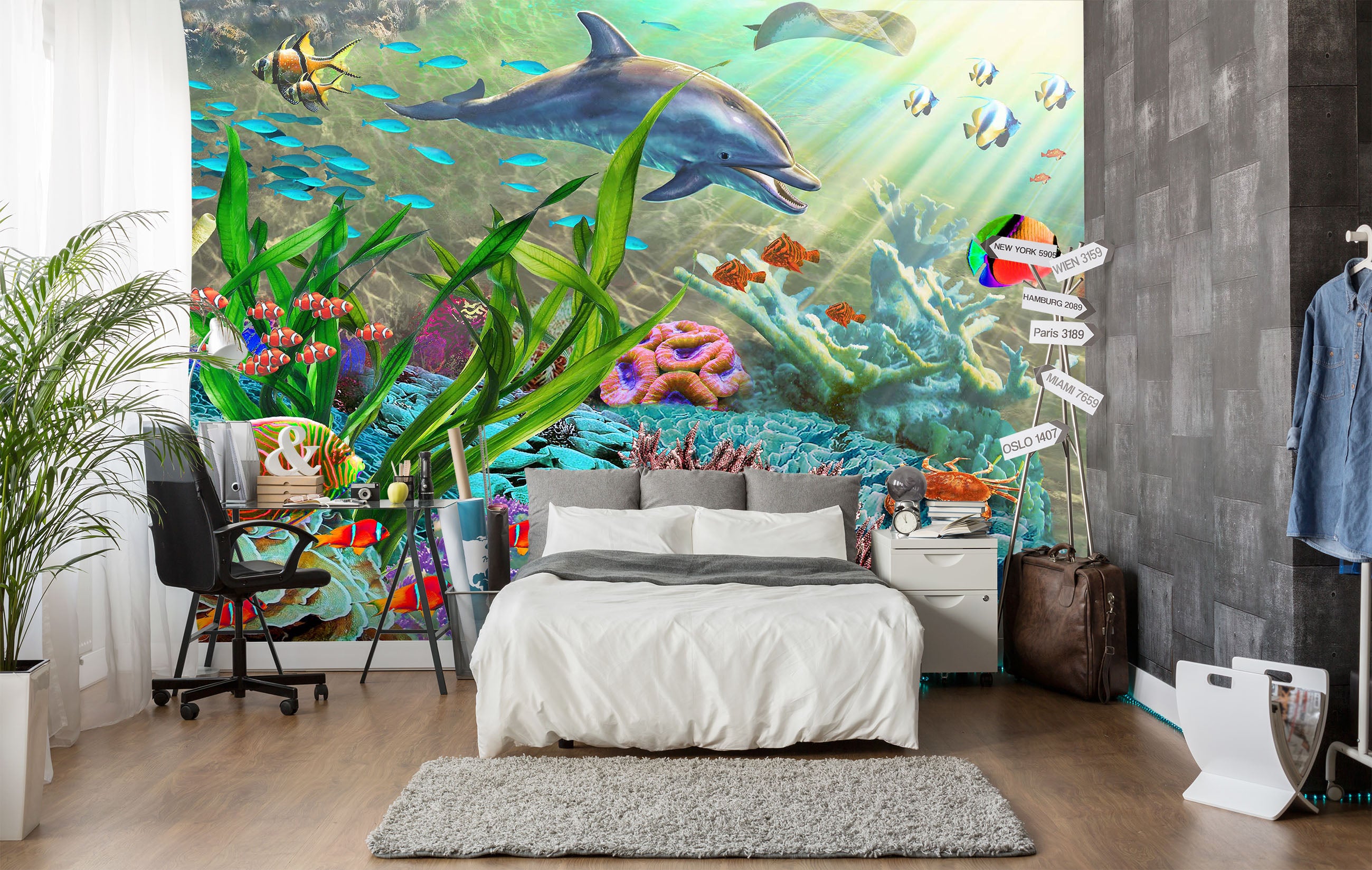 3D Happy Dolphin 1412 Adrian Chesterman Wall Mural Wall Murals